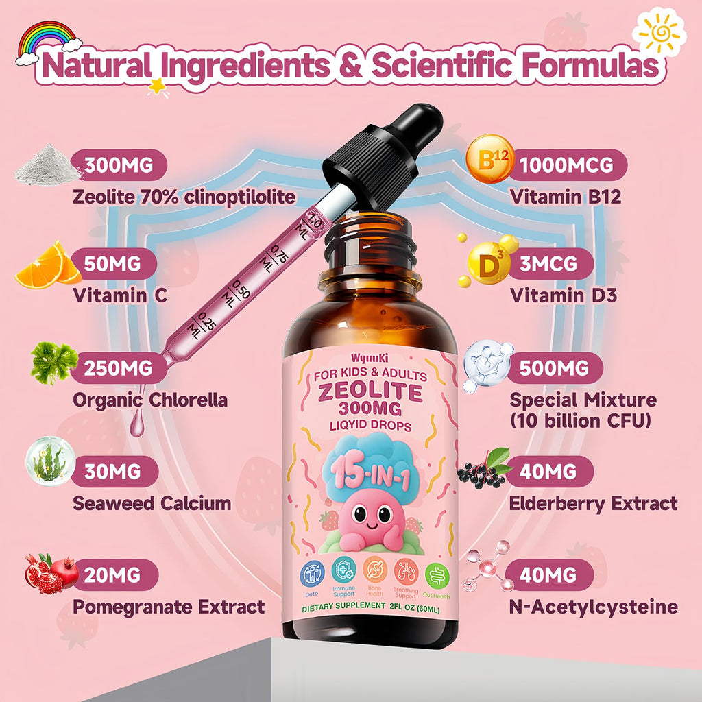 Zeolite Drops 2 Pack Detox for Kids & Adults - 300mg Clinoptilolite, 1000mcg B12, C & D3 | 10B CFU Prebiotics + Seaweed Calcium | 120ml