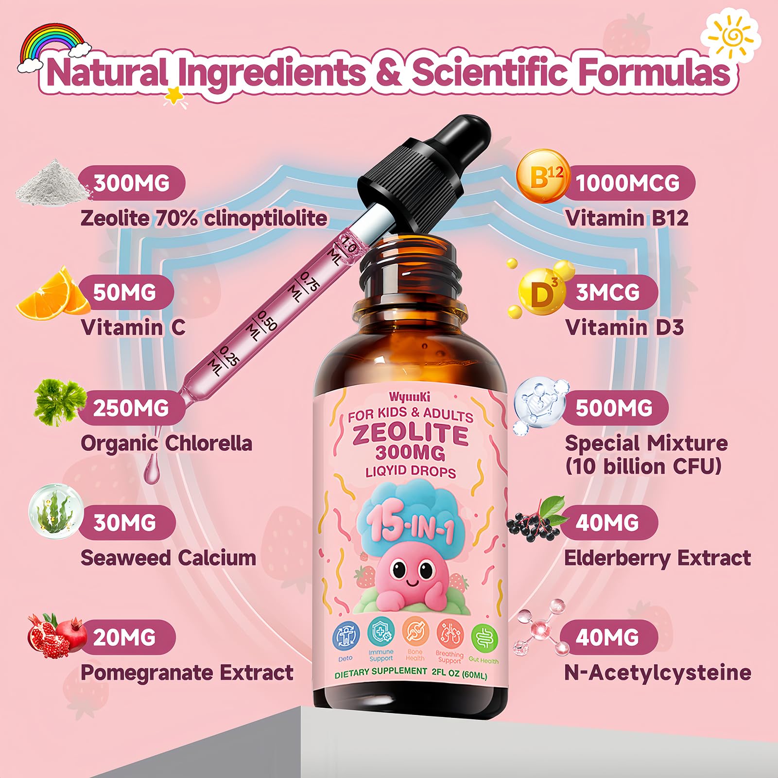 Zeolite Drops 2 Pack Detox for Kids & Adults - 300mg Clinoptilolite, 1000mcg B12, C & D3 | 10B CFU Prebiotics + Seaweed Calcium | 120ml