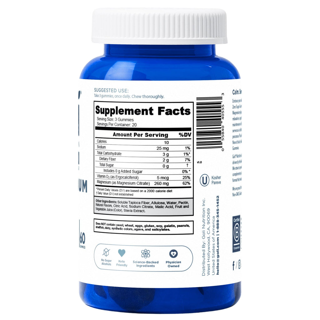 Zero Sugar Goli Magnesium Gummies – 260 mg Magnesium, Vitamin D | Vegan, Gluten-Free & Non-GMO