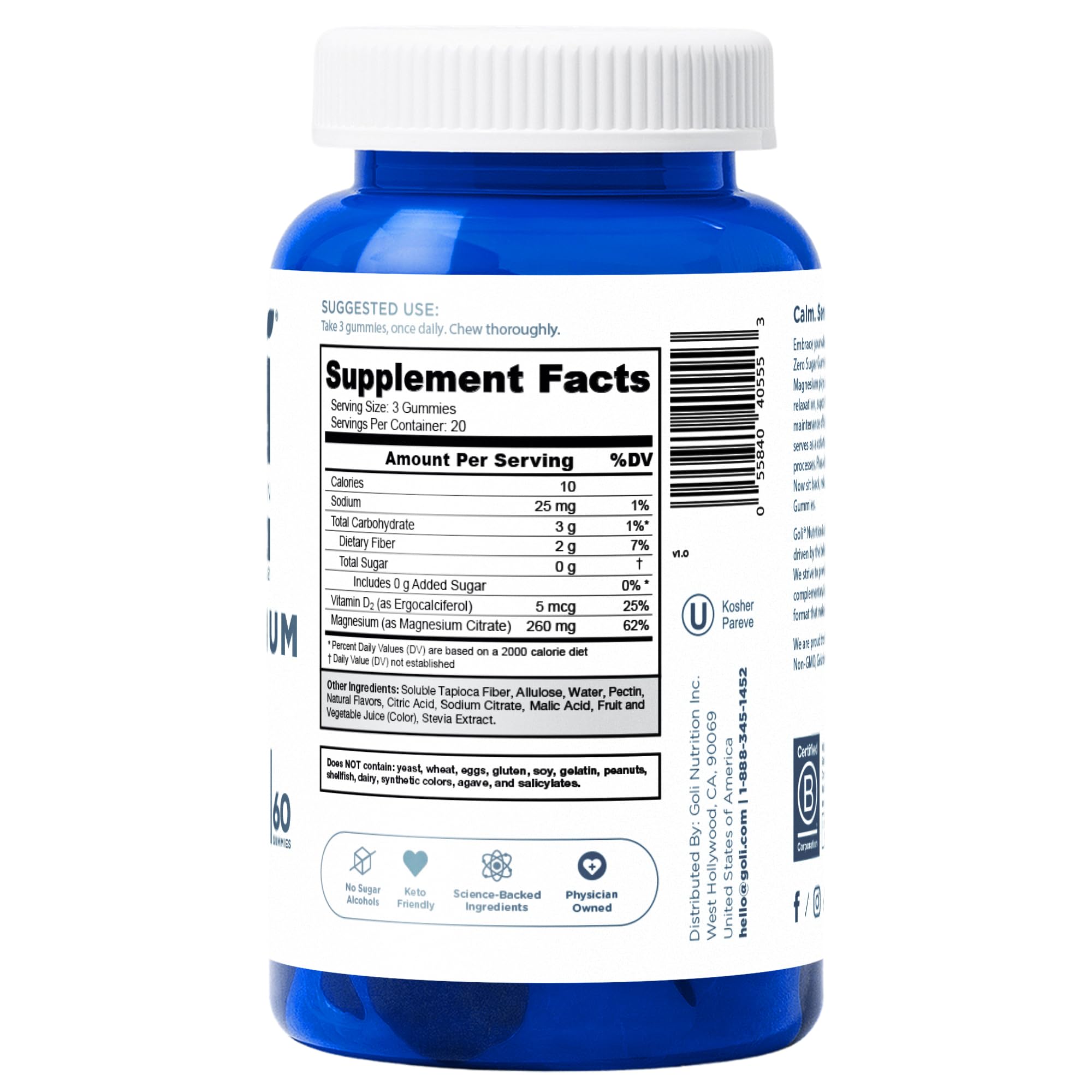 Zero Sugar Goli Magnesium Gummies – 260 mg Magnesium, Vitamin D | Vegan, Gluten-Free & Non-GMO