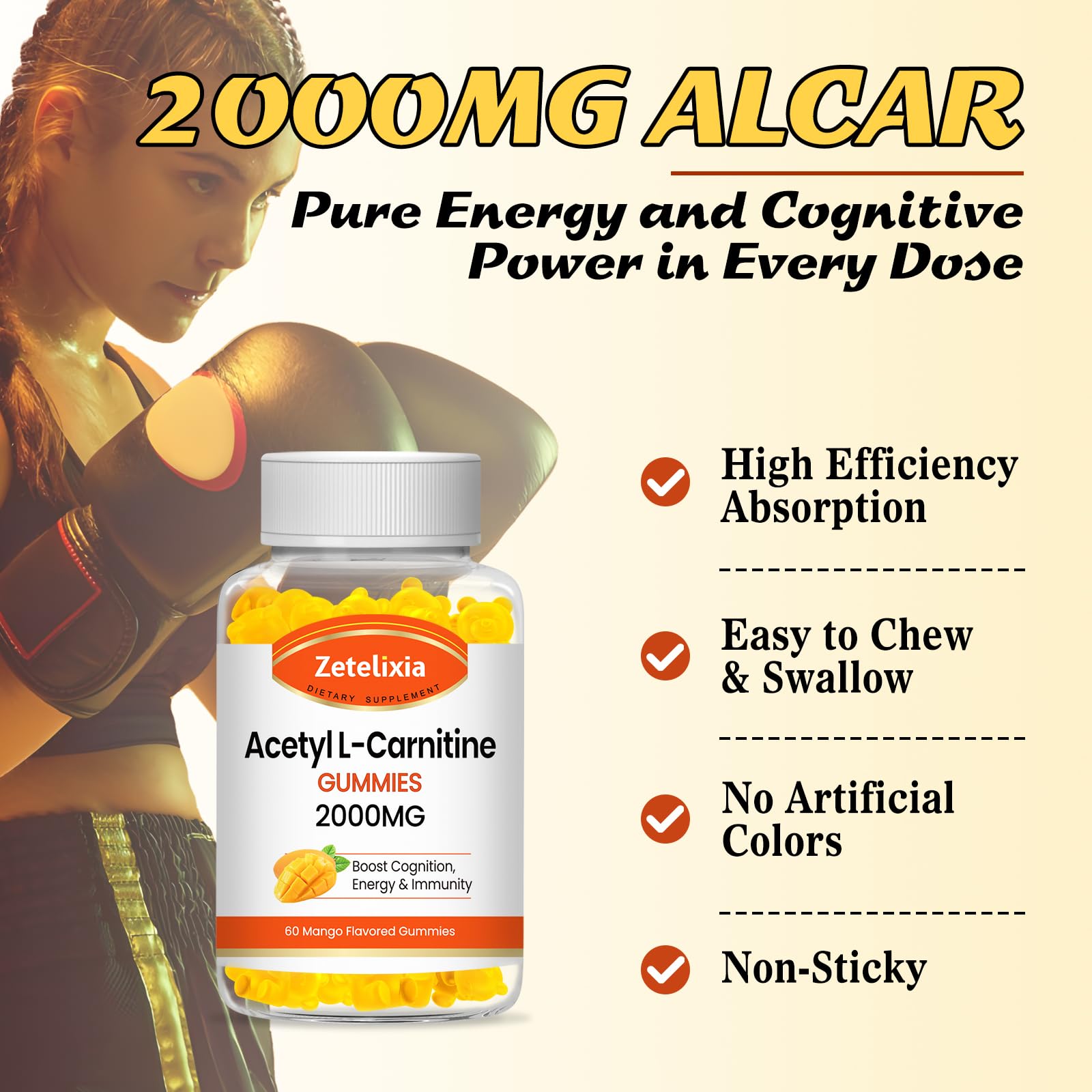 Zetelixia 2-Pack Acetyl L-Carnitine Gummies – Mango Flavor, 120 Count, Vegan