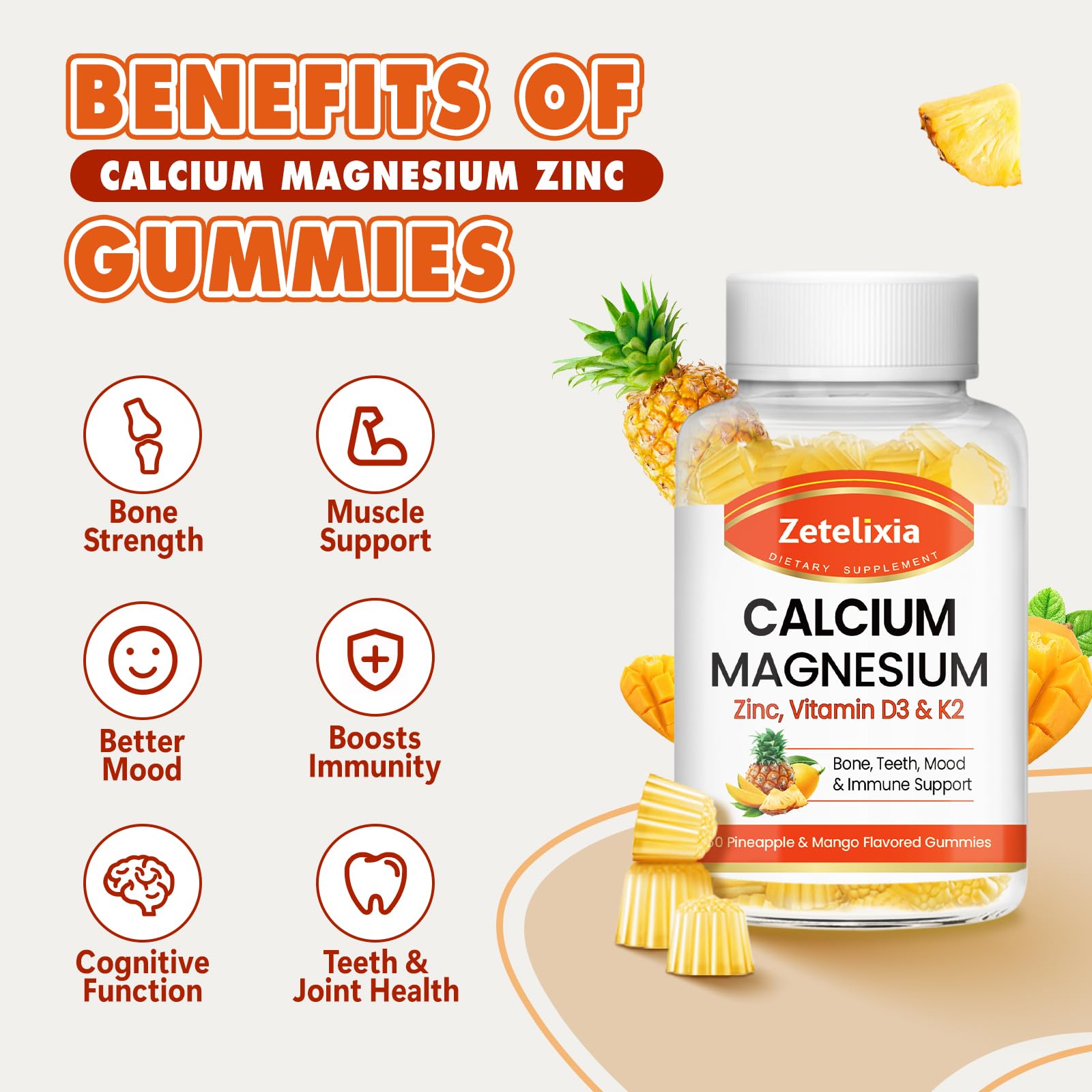Zetelixia Calcium Gummies for Women & Men - Vitamin D3 & K2, 120 Count