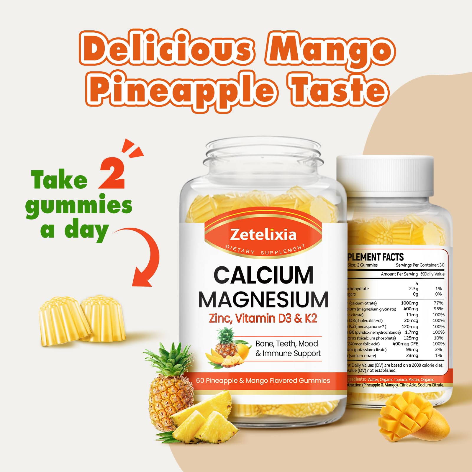 Zetelixia Calcium Gummies for Women & Men – Calcium Magnesium Zinc with Vitamin D3 & K2, Pineapple & Mango Flavor, 60 Count