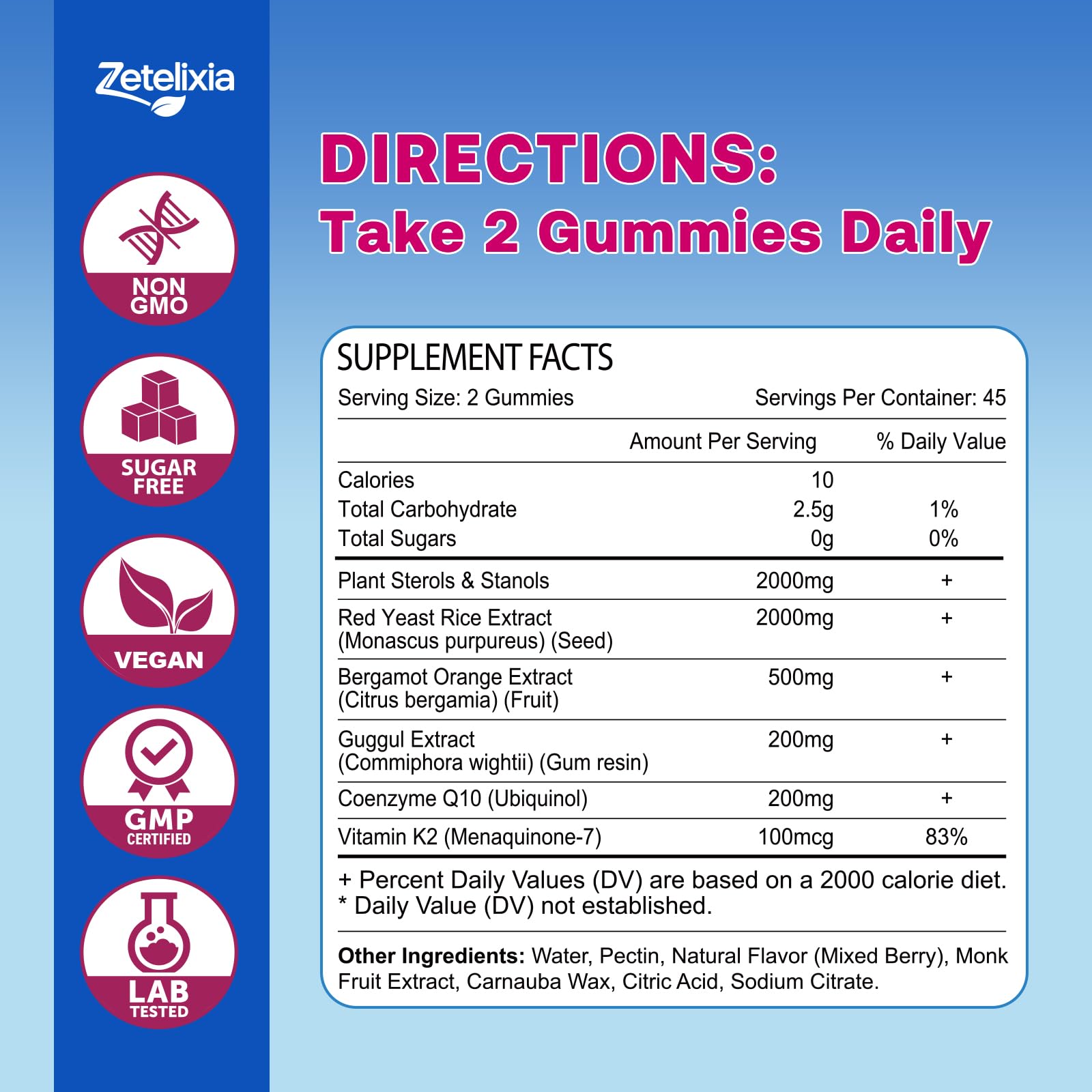 Zetelixia Cholesterol Lowering Gummies – Plant Sterols & Stanols, Red Yeast Rice | Vegan, Non-GMO | Mixed Berry 90Ct