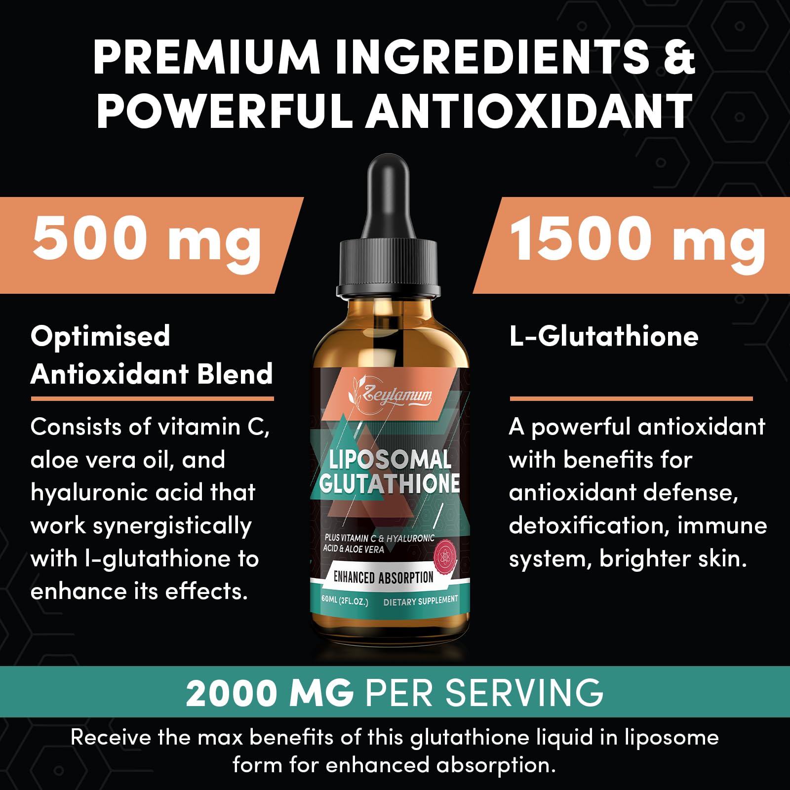 Zeylamum 2000MG Liposomal Glutathione Drops – Ultra Absorption & Skin Support, 16.16 oz