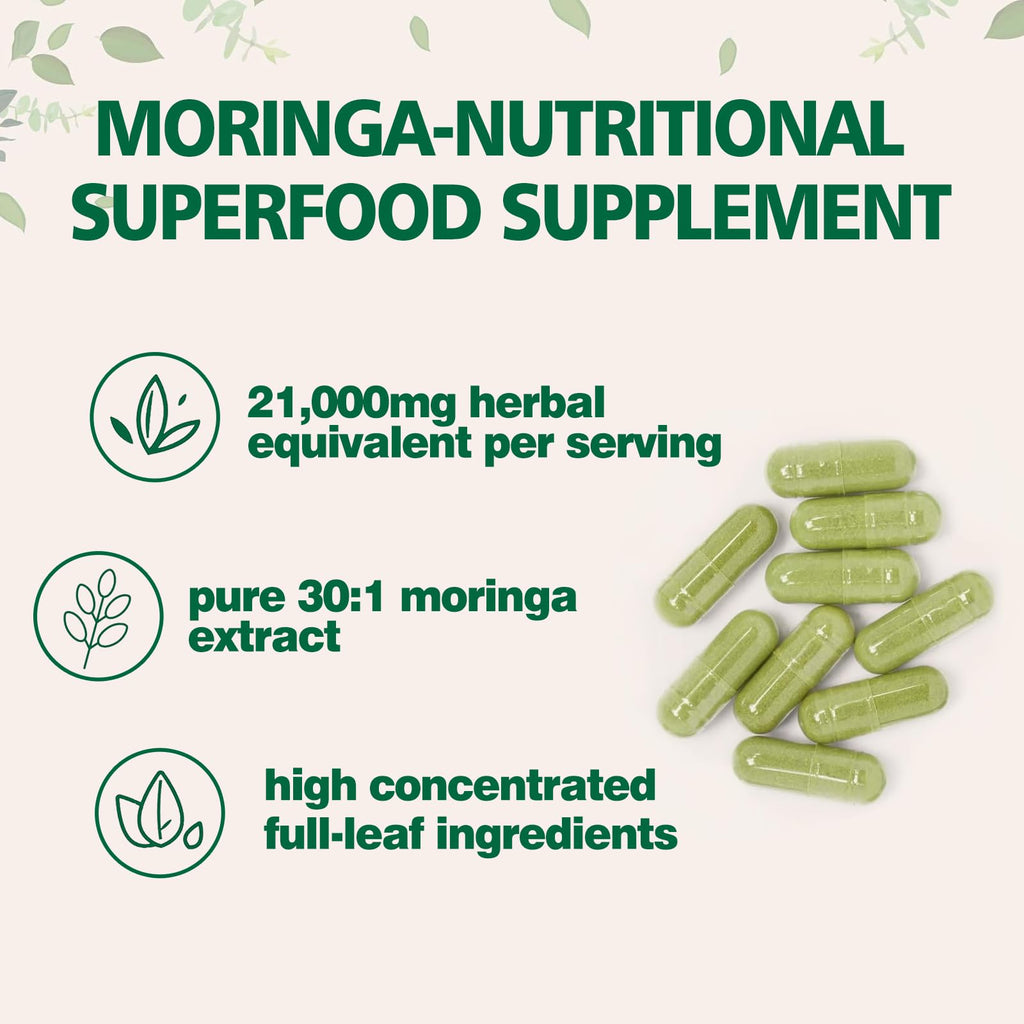 Zhibenon Moringa Oleifera 21,000mg Equivalent | 150 Capsules (75 Servings) | Pure Moringa Powder Capsules | Antioxidant for Energy, Immune & Gut Support | Non-GMO