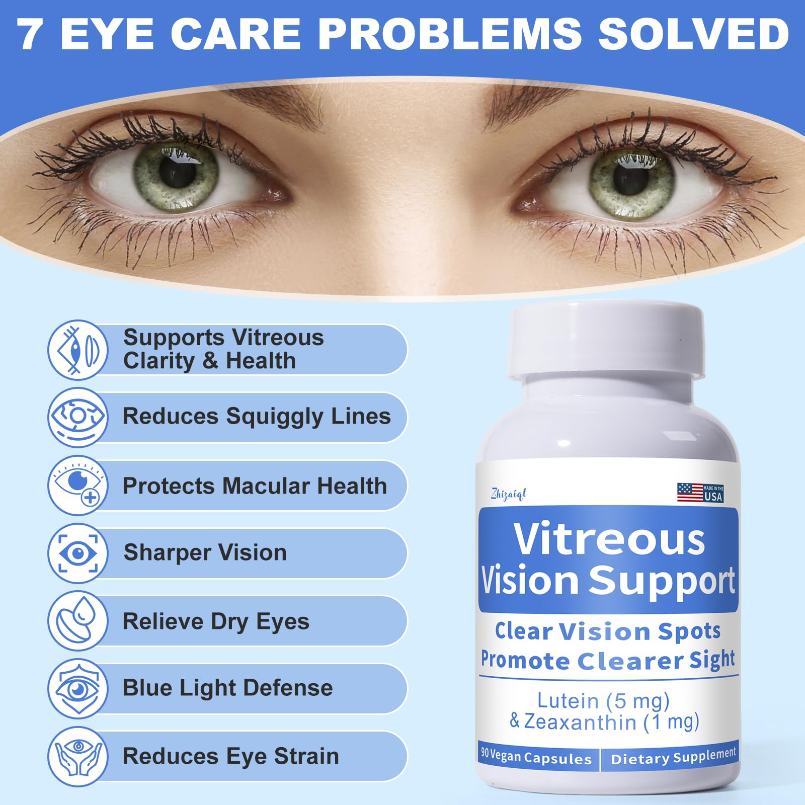 Zhizaiql Eye Vitamin with Lutein & Zeaxanthin – Supports Vitreous Clarity & Clear Vision, 90 Vegan Capsules