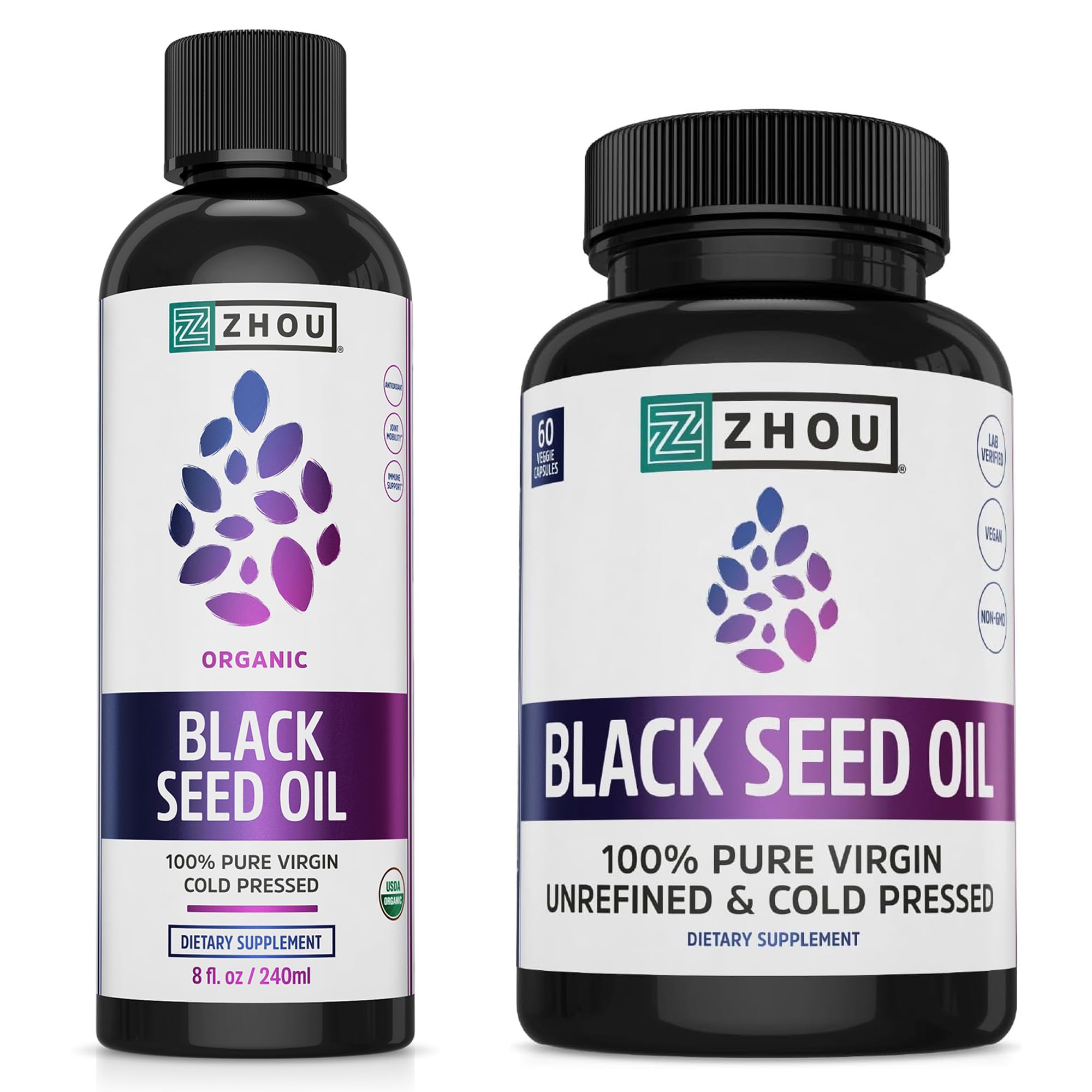 ZHOU Black Seed Oil & Capsules – Pure Nigella Sativa, Cold Pressed, 8 oz + 60 Capsules