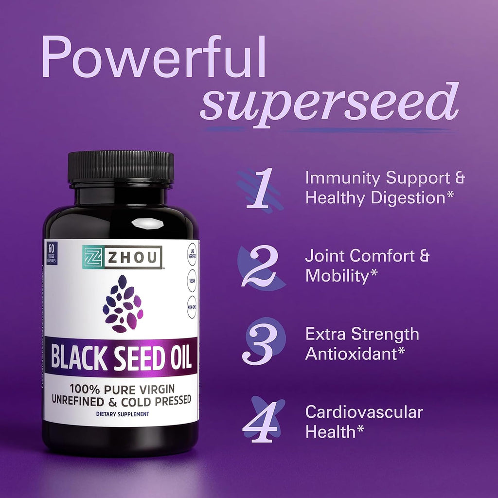 ZHOU Black Seed Oil Capsules – Cold-Pressed Nigella Sativa, 60 Capsules (Pack of 2)
