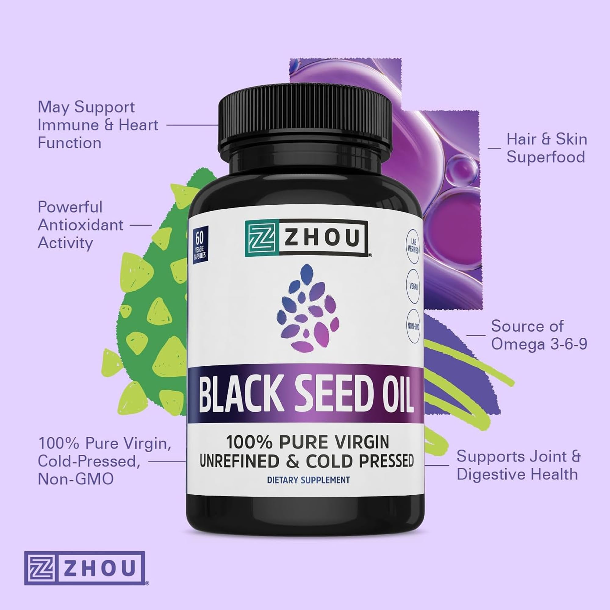 ZHOU Black Seed Oil Capsules – Cold-Pressed Nigella Sativa, 60 Capsules (Pack of 2)