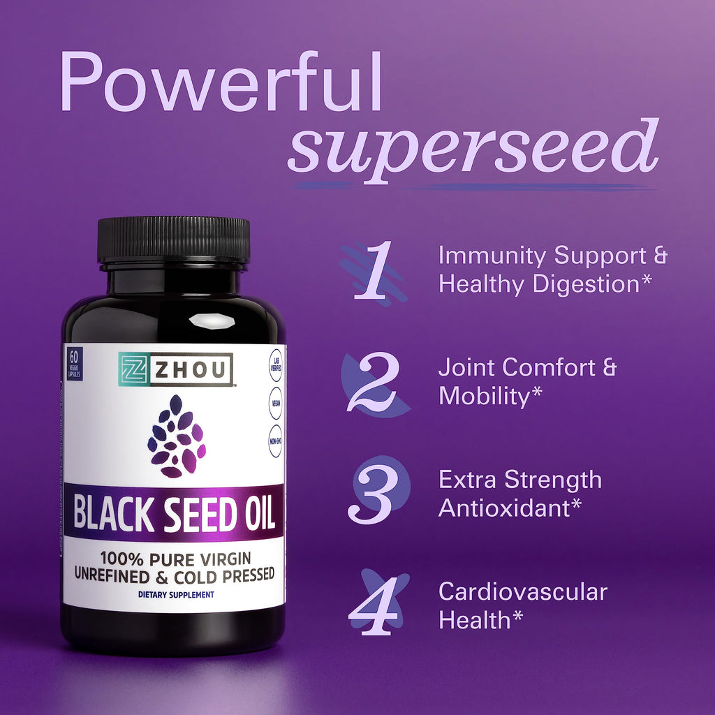 ZHOU Black Seed Oil Capsules – Pure Nigella Sativa, Thymoquinone, Cold-Pressed Black Seed Oil, 60 Capsules