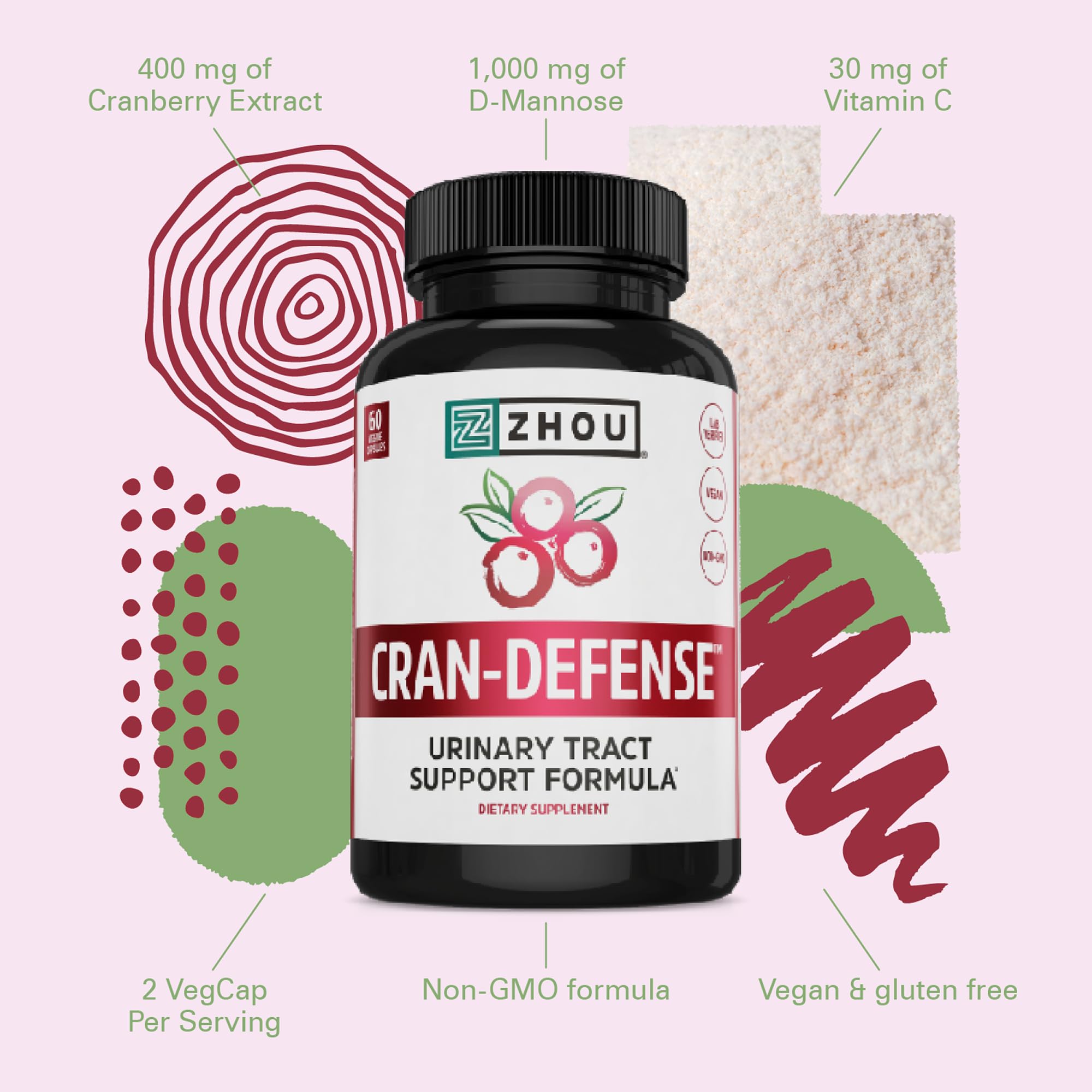 Zhou Cran-Defense: Cranberry + D-Mannose Pills for Urinary Tract Health | 60 Veggie Capsules