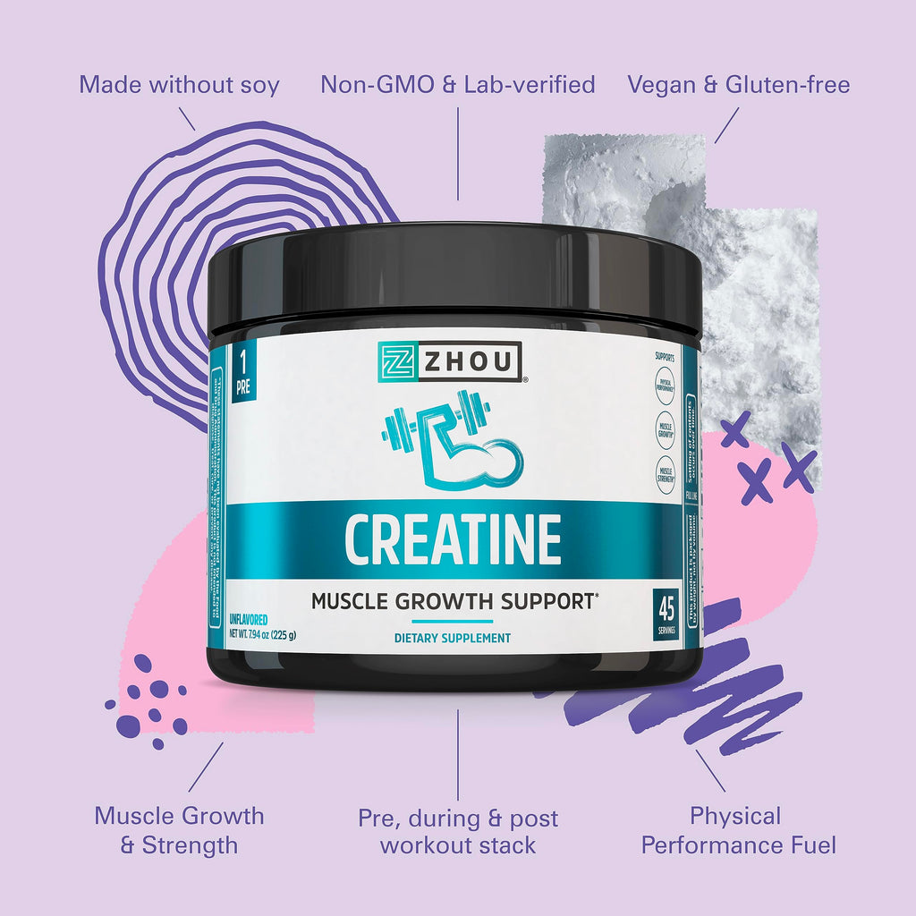 Zhou Creatine Monohydrate Powder – Unflavored, Vegan, 5 g per Serving | 7.94 oz (45 Servings) – For Women & Men