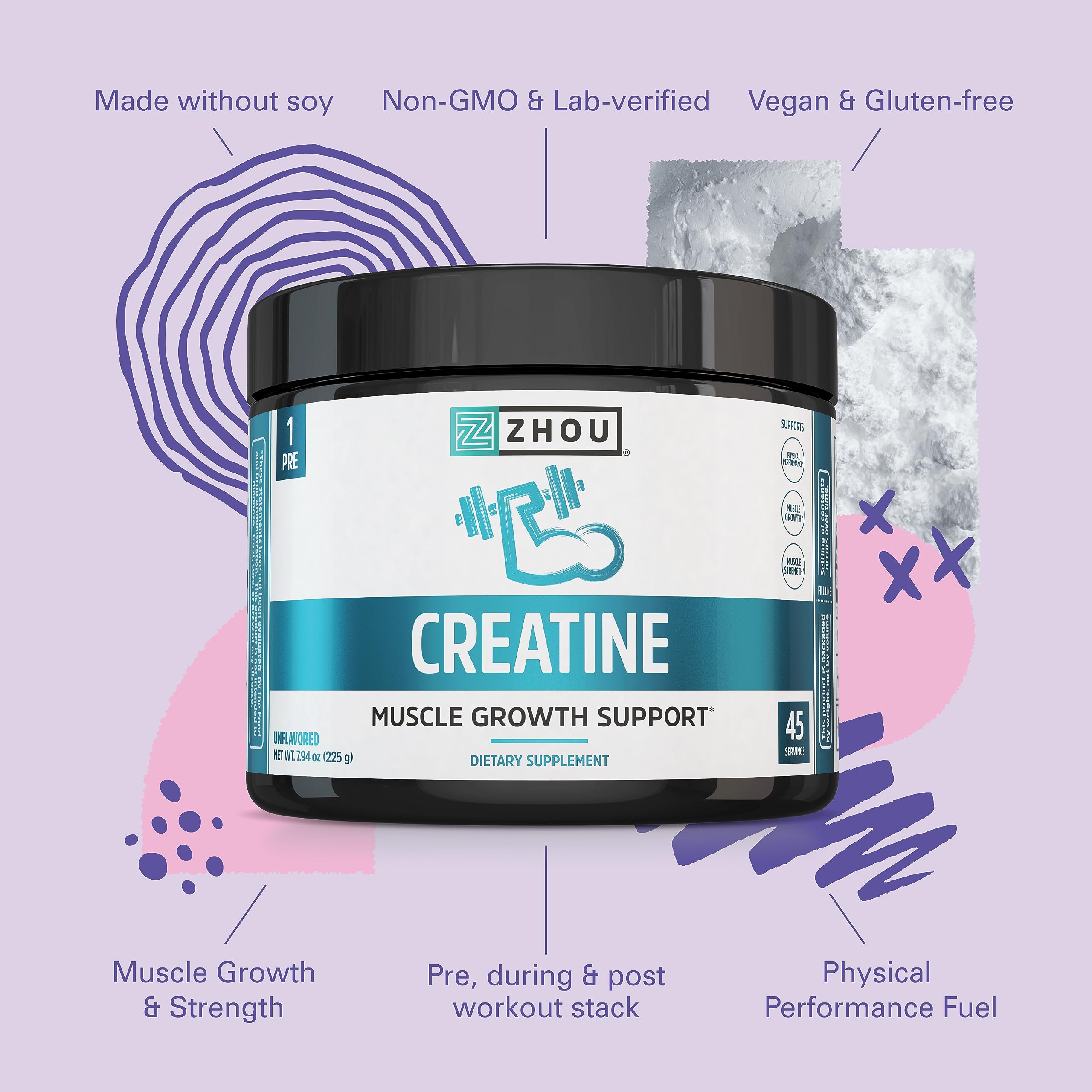 Zhou Creatine Monohydrate Powder – Unflavored, Vegan, 5 g per Serving | 7.94 oz (45 Servings) – For Women & Men