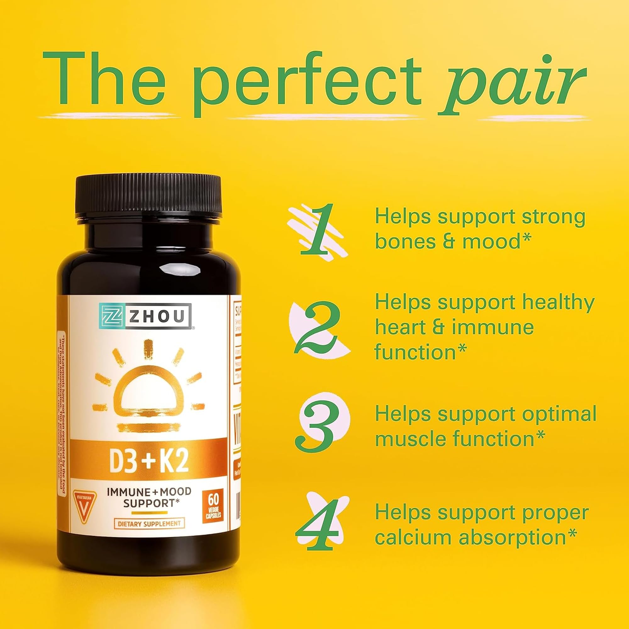 ZHOU D3+K2 Vitamin D3 K2 Supplement – 5000 IU D3, MK-7, Vegetarian