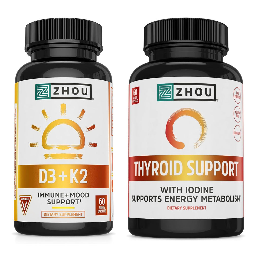 ZHOU D3 + K2 & Thyroid Support Bundle | Vitamin D3 5000 IU, MK-7, Zinc, Iodine & Selenium | 120 Capsules