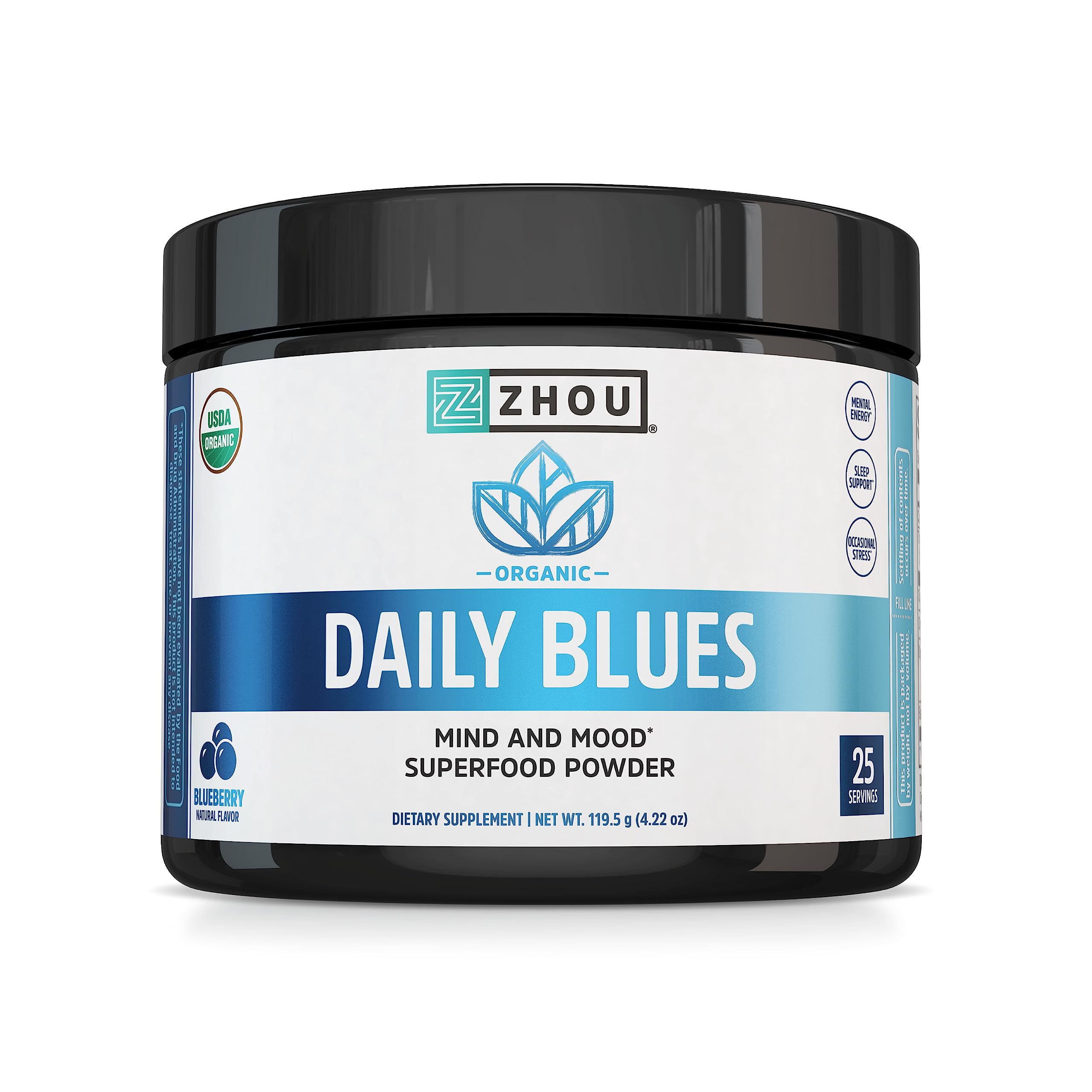 Zhou Daily Blues Blue Spirulina Powder – Organic, Vegan Blueberry Flavor, 4.22 oz (25 Servings)