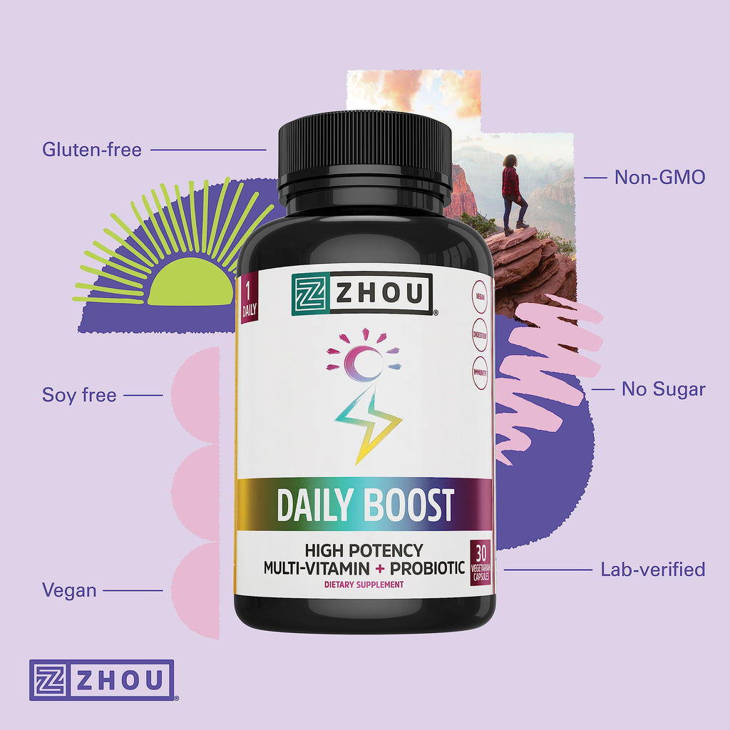 Zhou Daily Boost Probiotic Multivitamin for Women & Men | Immune Support, Energy & Eye Health – 30 Veggie Capsules