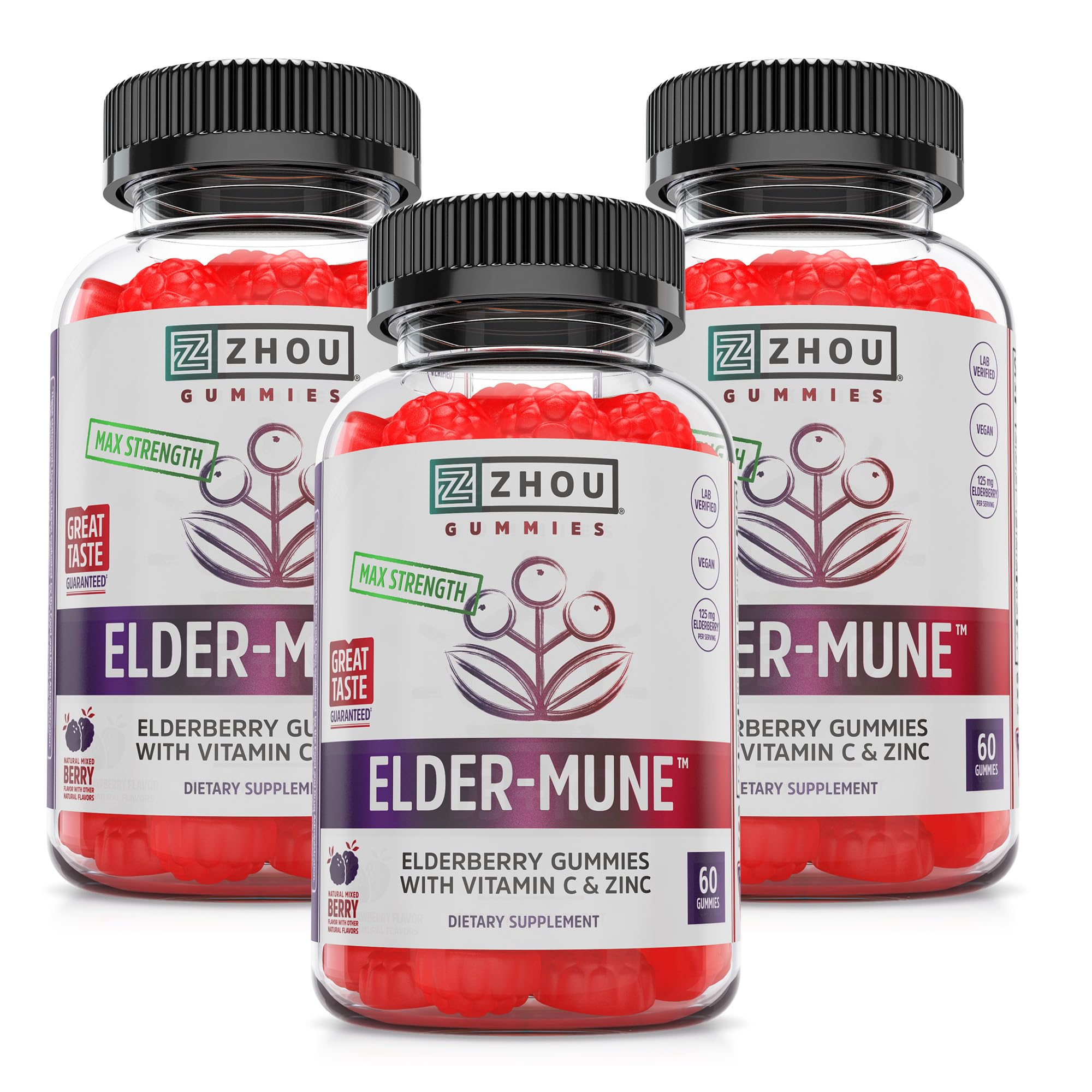 ZHOU Elder-Mune Gummies — Black Elderberry, Vitamin C & Zinc Immune Support | 60 Gummies (3 Pack)
