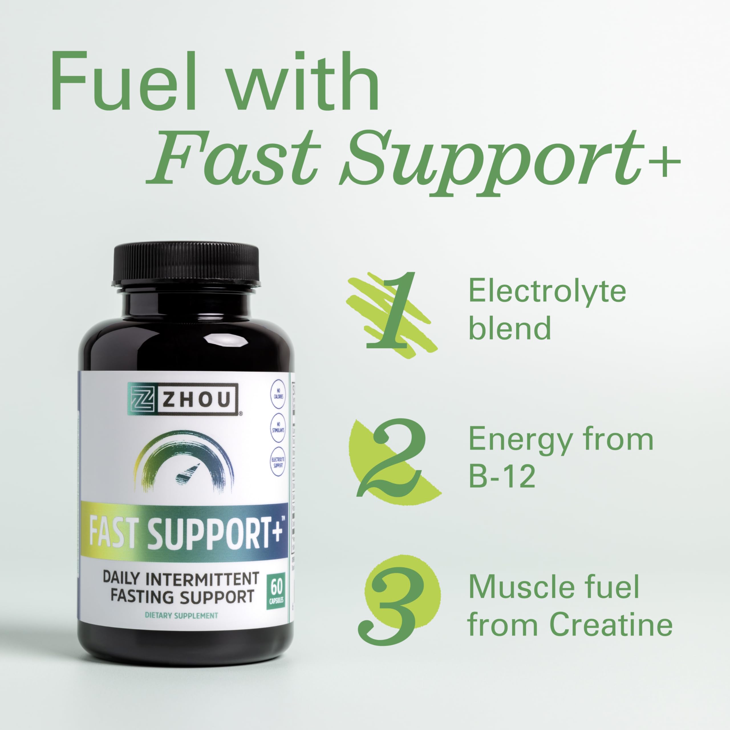 Zhou Fast Support - Fasting Electrolytes No Sugar | Intermittent Fasting Supplement | 60 Veggie Capsules