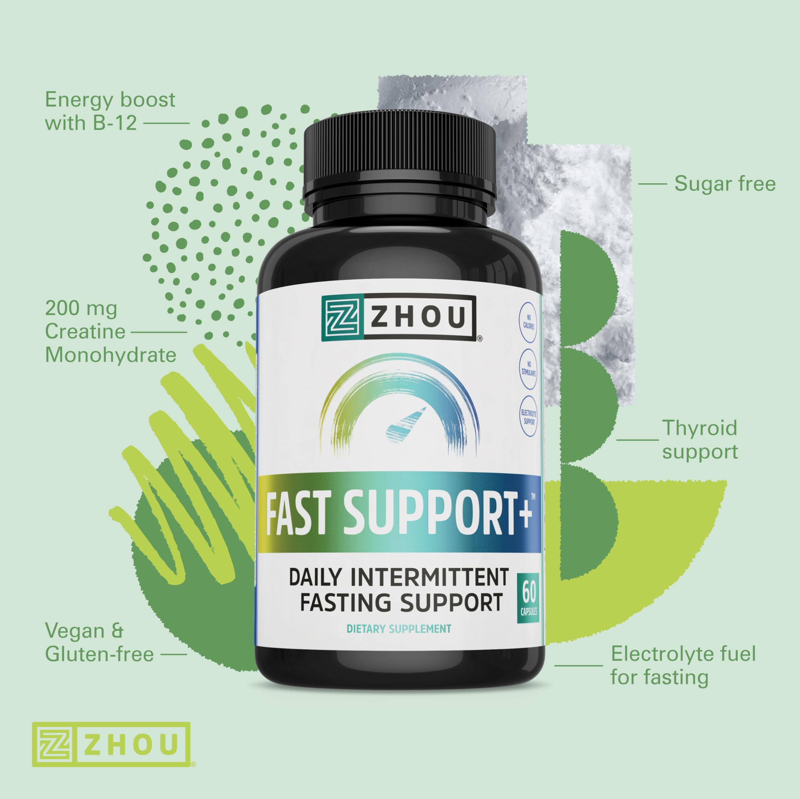 Zhou Fast Support - Fasting Electrolytes No Sugar | Intermittent Fasting Supplement | 60 Veggie Capsules