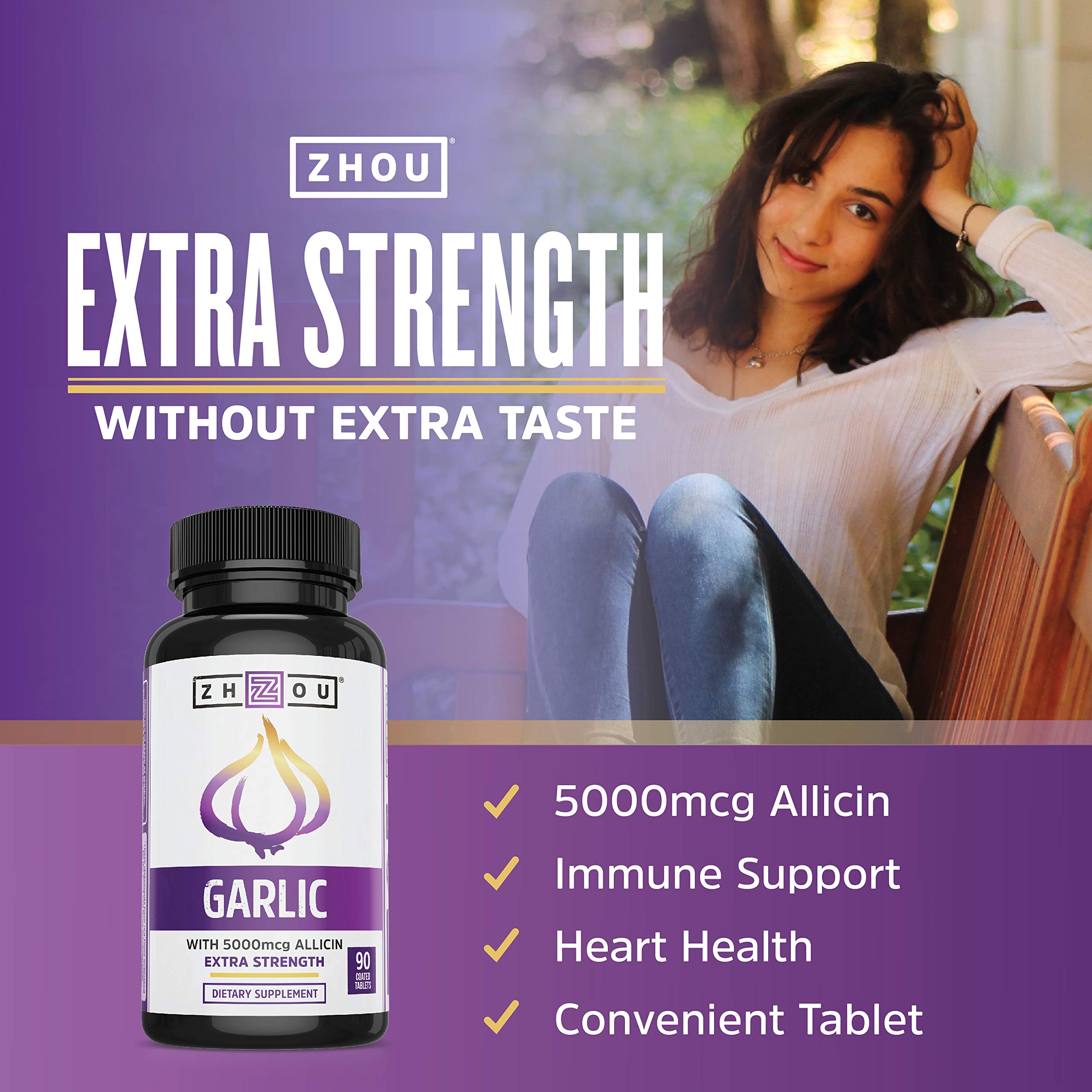 Zhou Garlic with Allicin – Odorless Garlic 5000 mcg Allicin, 90 Tablets
