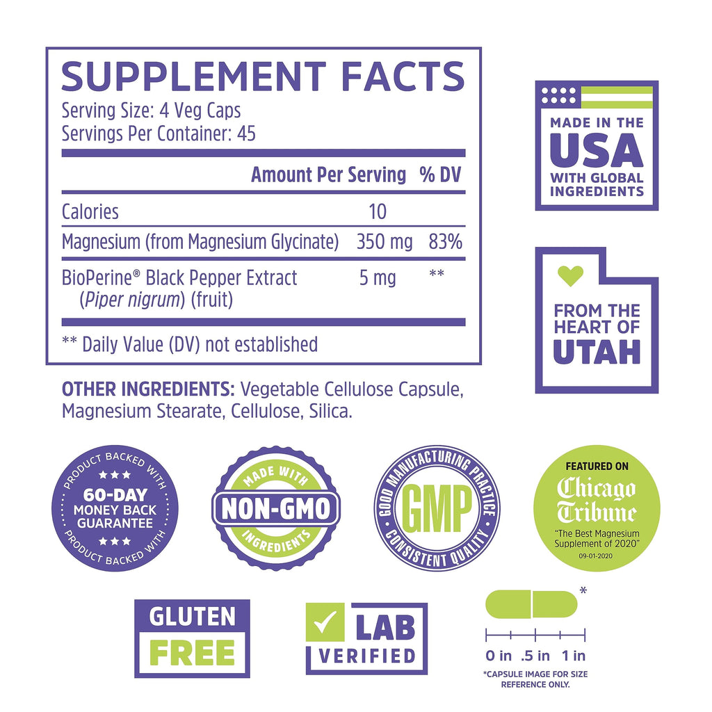 Zhou Magnesium Glycinate 350 mg – Time-Release Vegan Magnesium Glycinate, 180 Capsules