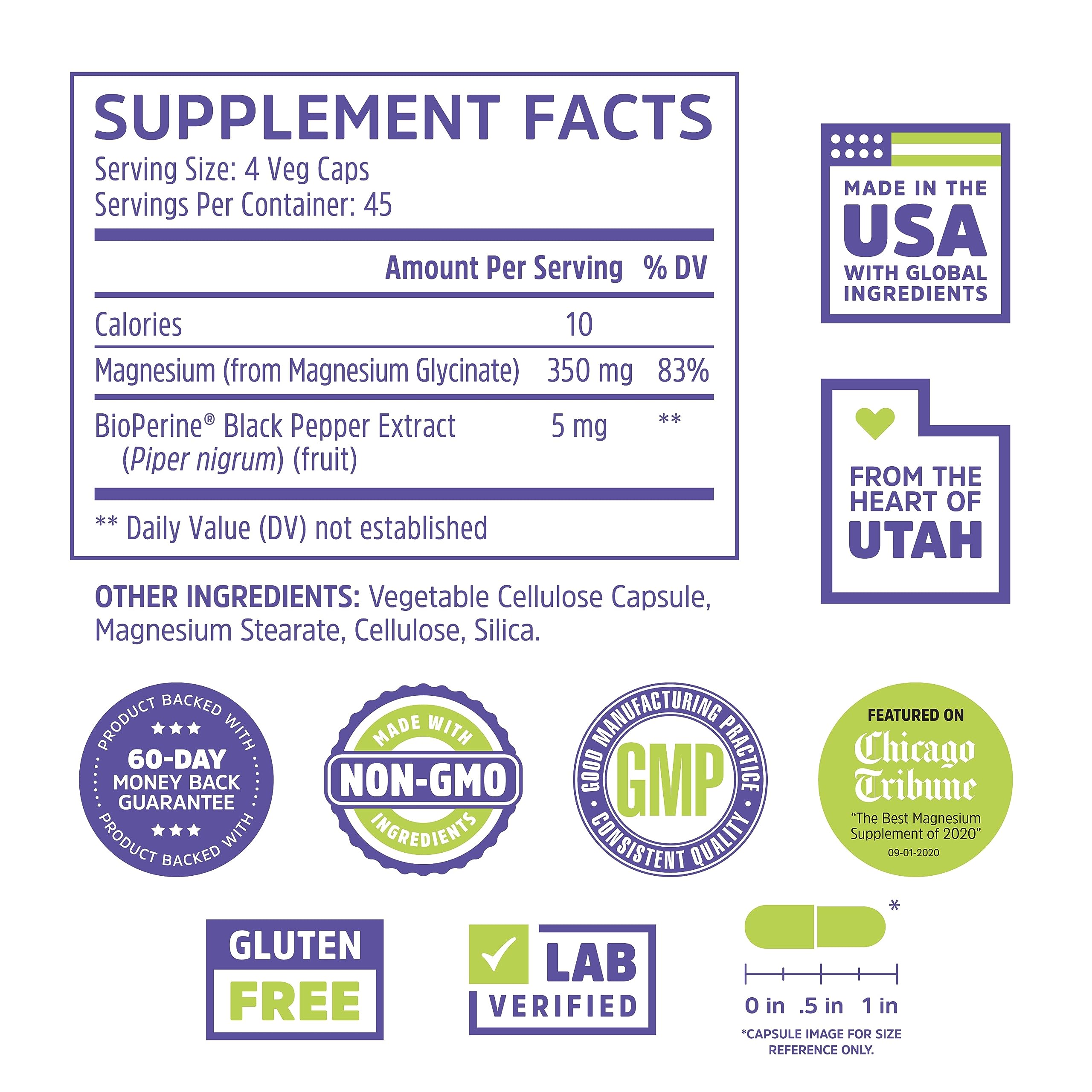 Zhou Magnesium Glycinate 350 mg – Time-Release Vegan Magnesium Glycinate, 180 Capsules