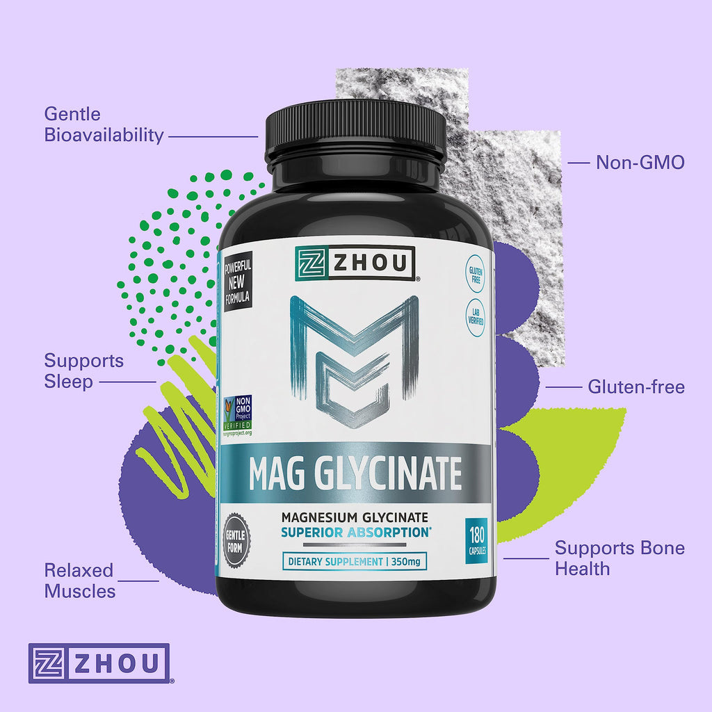 Zhou Magnesium Glycinate 350 mg – Time-Release Vegan Magnesium Glycinate, 180 Capsules
