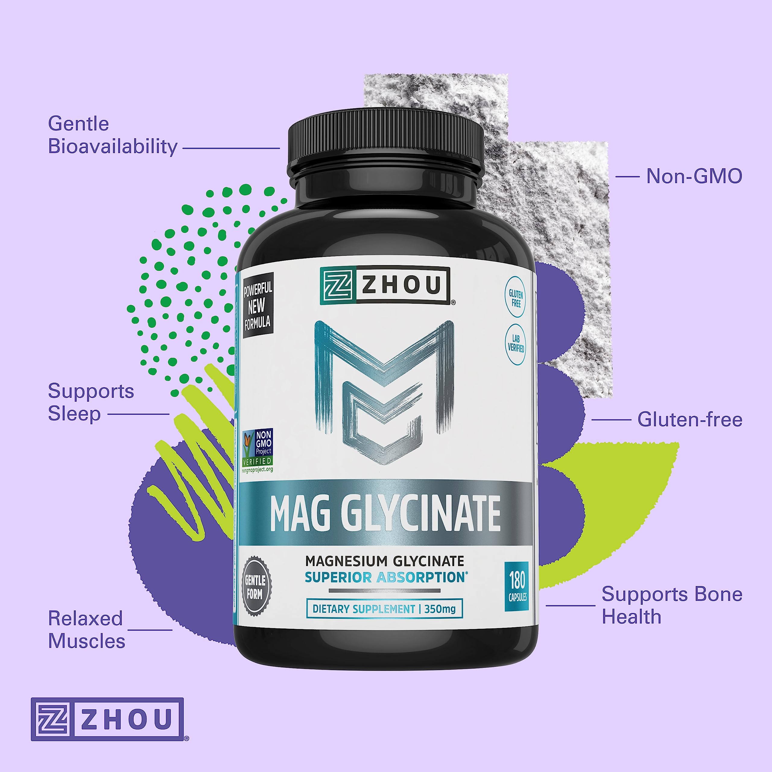 Zhou Magnesium Glycinate 350 mg – Time-Release Vegan Magnesium Glycinate, 180 Capsules