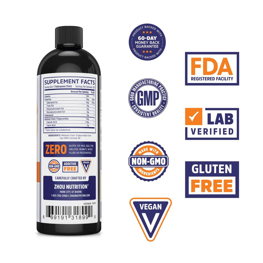 ZHOU MCT Oil 16oz – Unflavored MCT Oil (C8) from Non-GMO Coconut