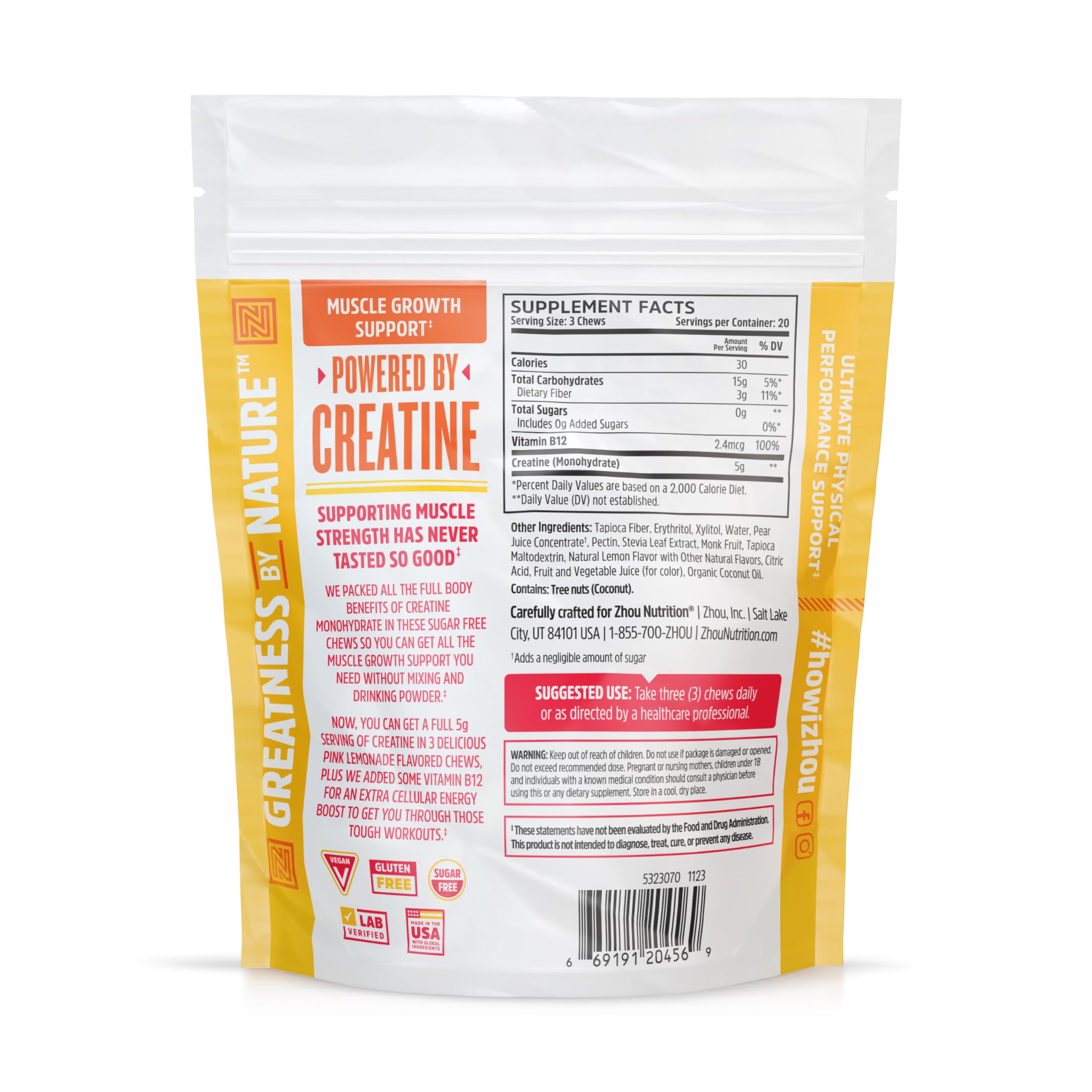 ZHOU Nutrition Creatine Monohydrate Chewables 5g – Pink Lemonade Gummies, 60 Count, Sugar Free
