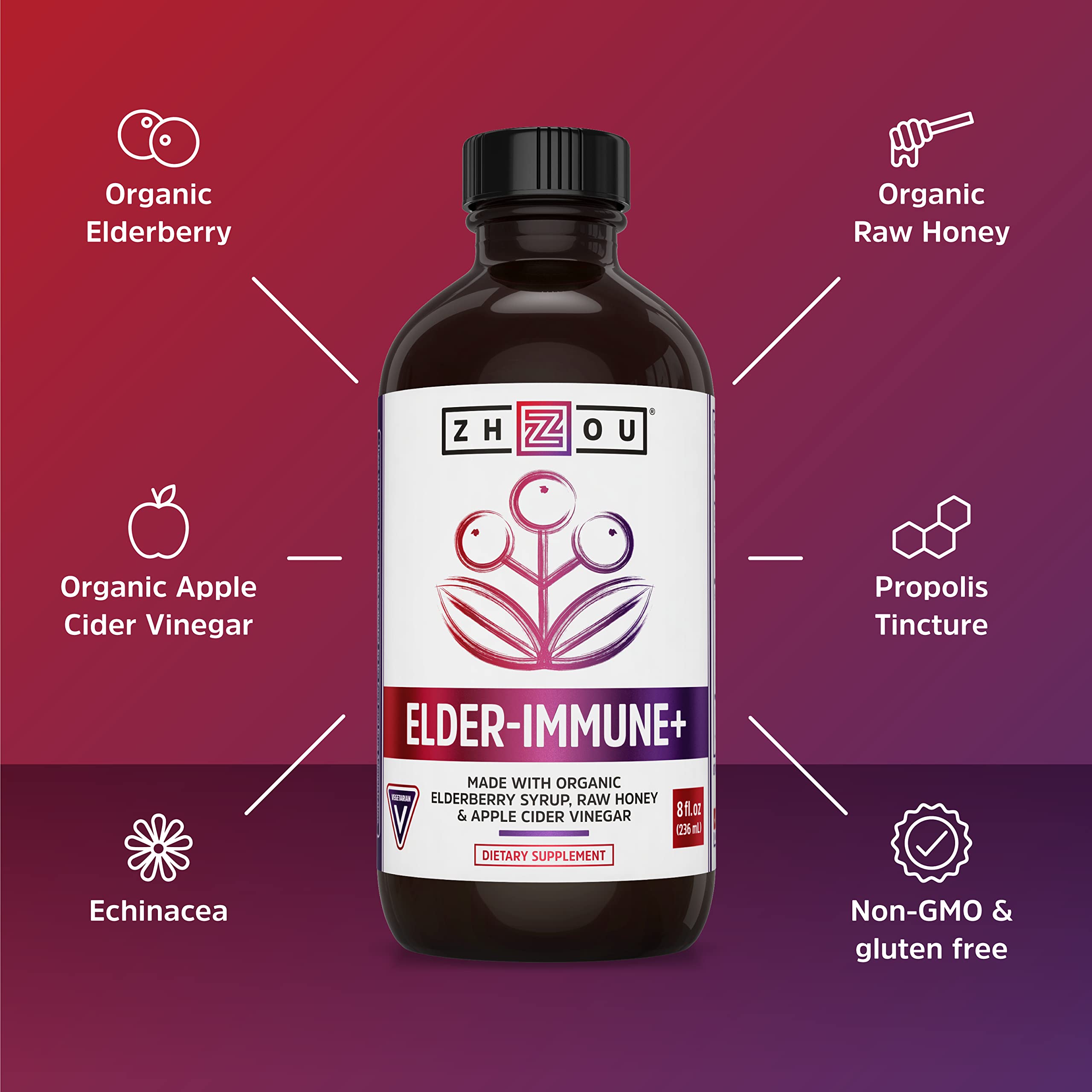 Zhou Nutrition Elder-Mune+ Syrup – Organic Elderberry Immune Support, 8 Fl Oz