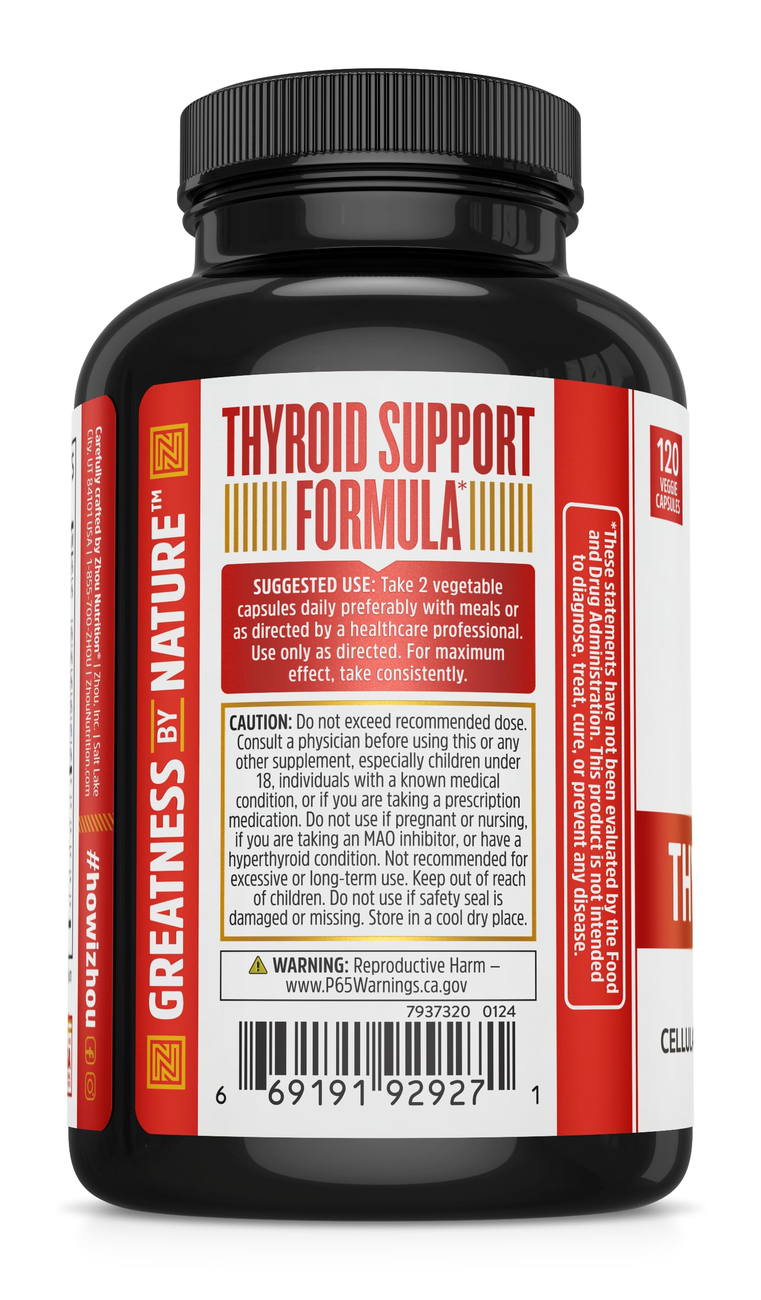 ZHOU Thyroid Support - Thyroid Supplement for Women & Men | Iodine, Selenium & Zinc | 120 Veggie Capsules