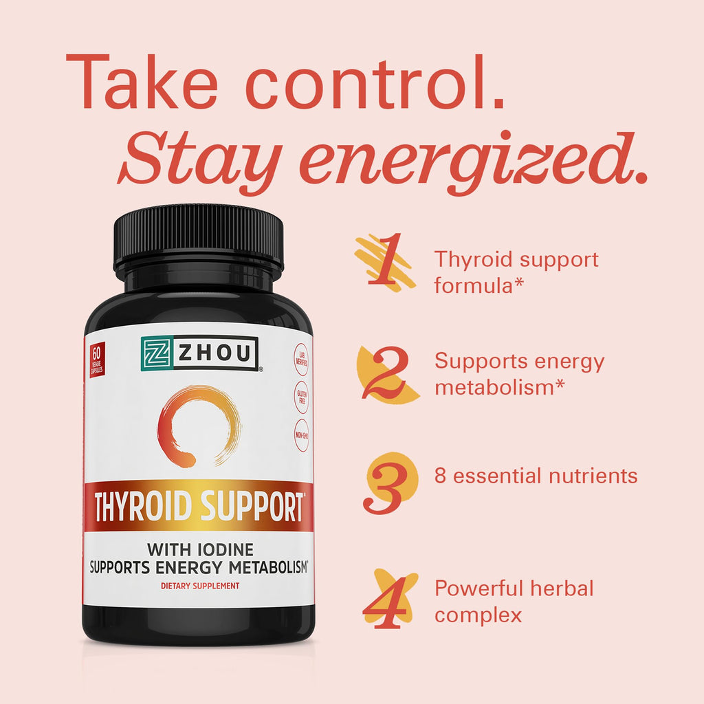 ZHOU Thyroid Support - Thyroid Health Supplement with Iodine, Selenium, Zinc | 60 Veggie Capsules (Pack of 2)