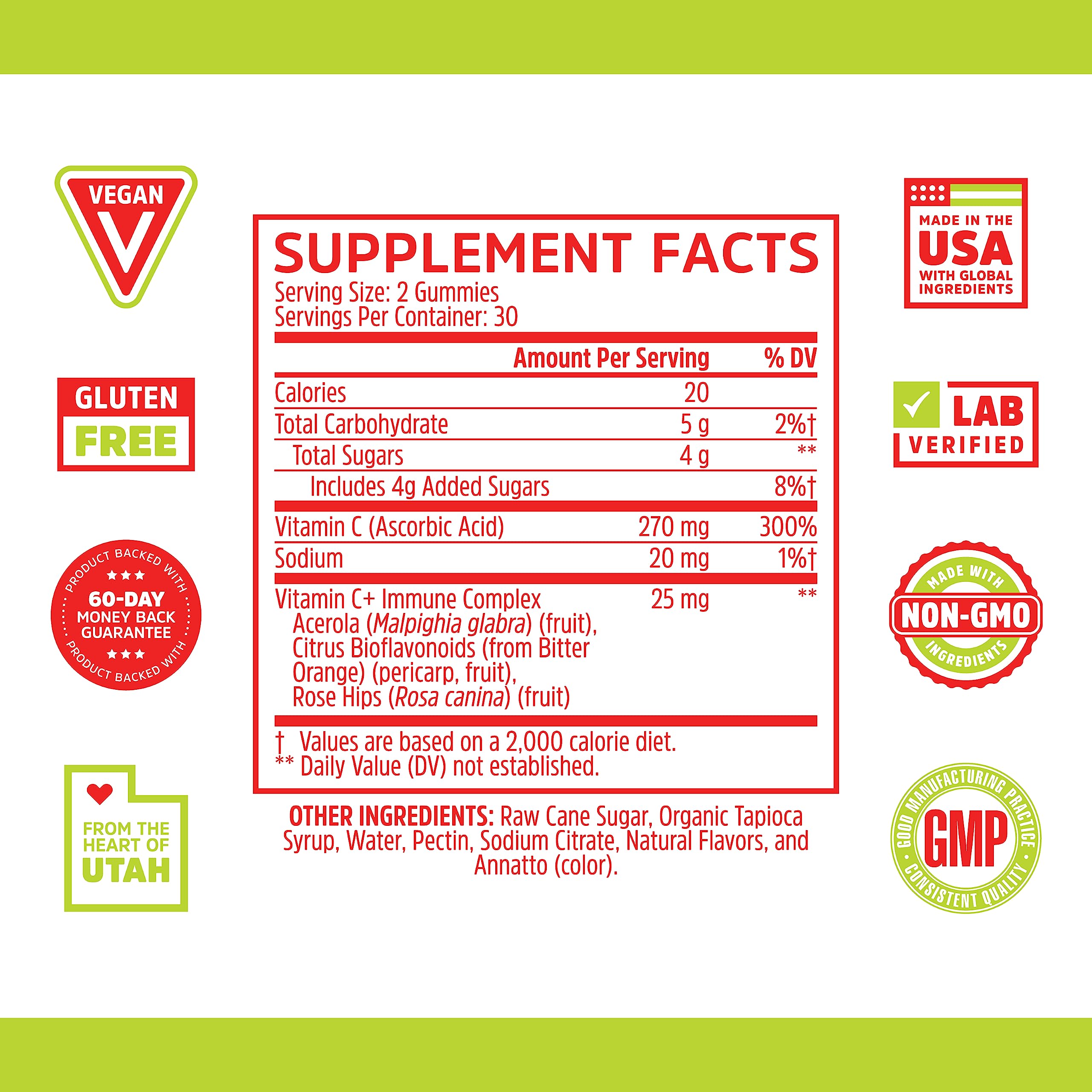 Zhou Vitamin C+ Gummies - Immune Support Vitamin C Gummies for Adults & Kids (270 mg per Gummy) - 60 Vegan Gummies