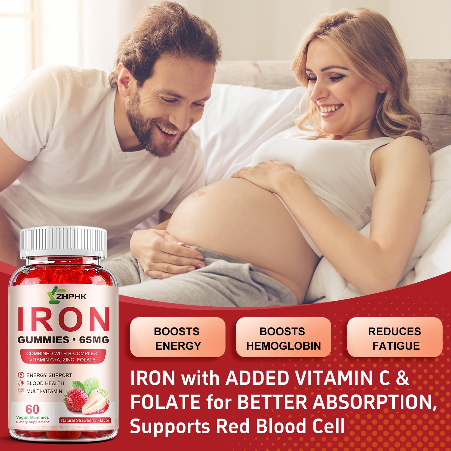 ZHPHK Iron Gummies – 65mg Iron, 250mg Vitamin C | 60 Vegan Gummies