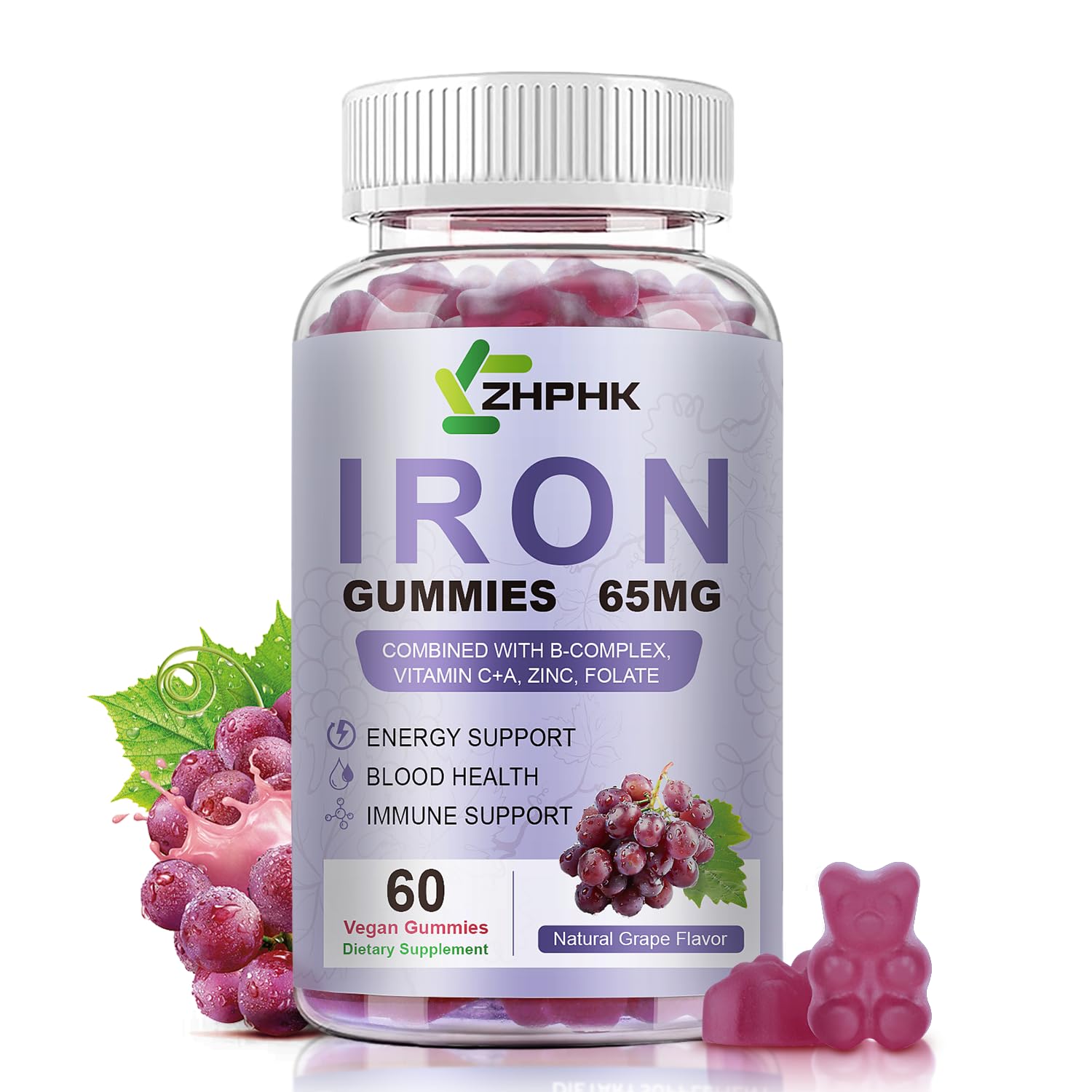 ZHPHK Iron Gummies for Women and Men – Grape Flavor, 65mg Iron + 250mg Vitamin C | 60 Count