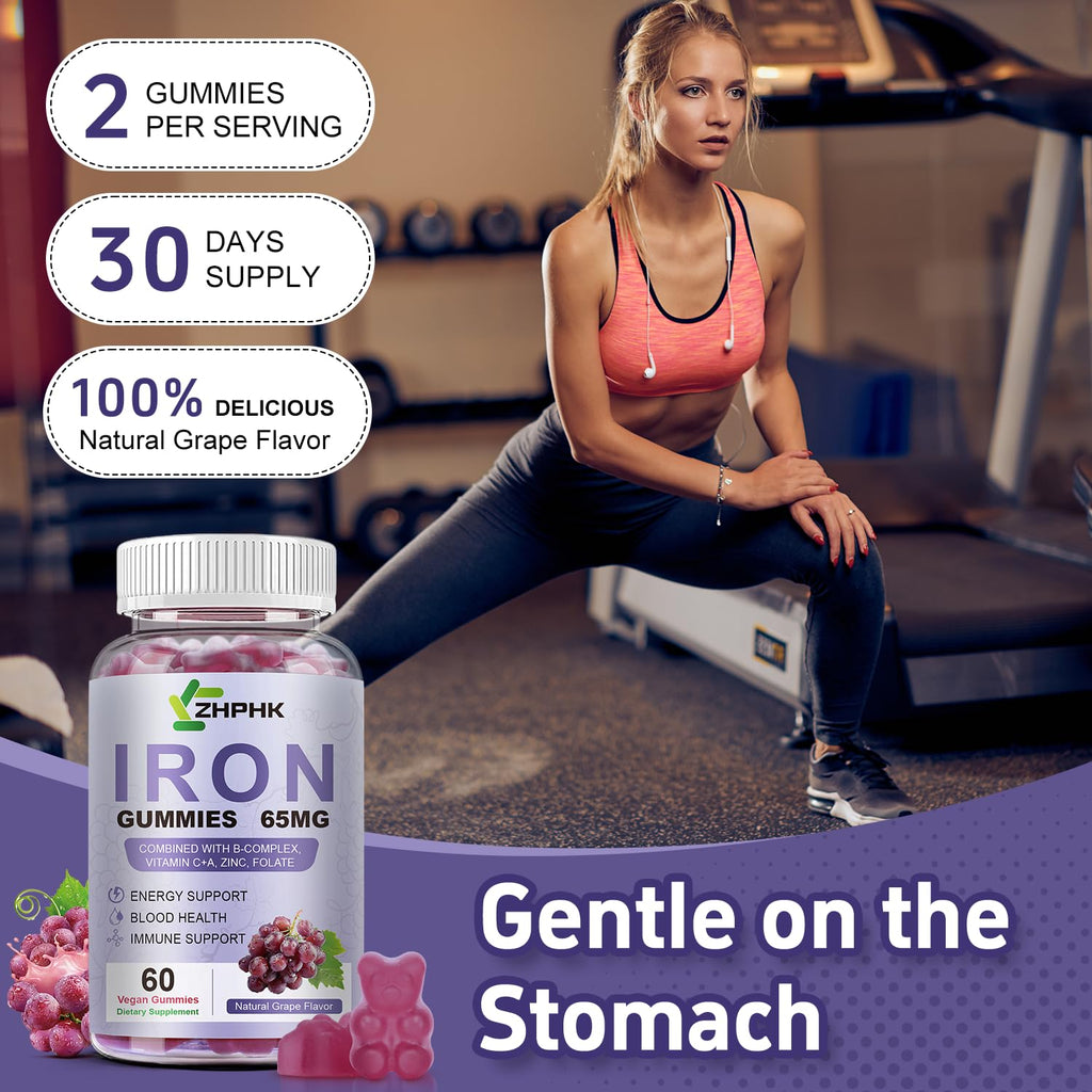 ZHPHK Iron Gummies for Women and Men – Grape Flavor, 65mg Iron + 250mg Vitamin C | 60 Count