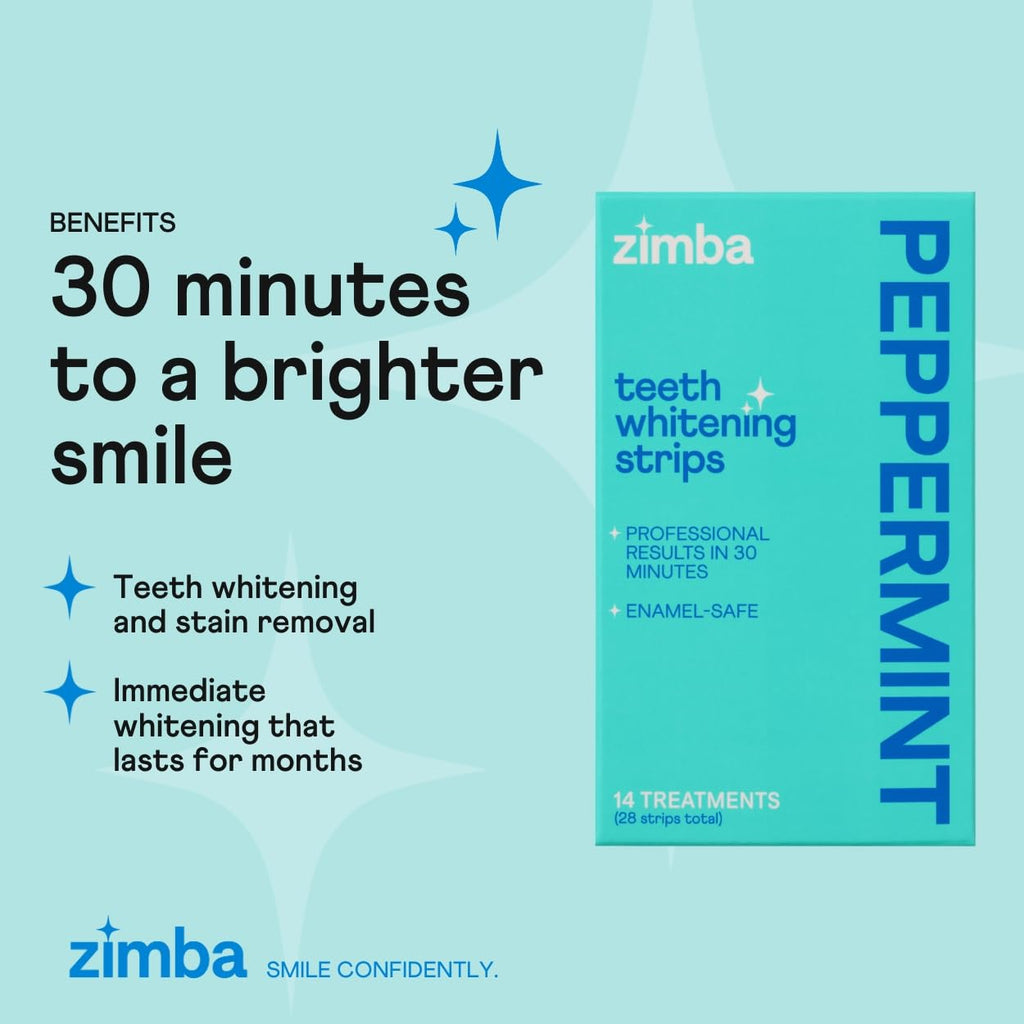 Zimba Peppermint Teeth Whitening Strips – Vegan, Enamel Safe, 14-Day Treatment