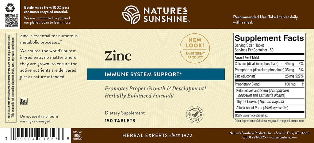 Nature's Sunshine Zinc 25mg, 150 Tablets | Immune Support with 167% DV Zinc