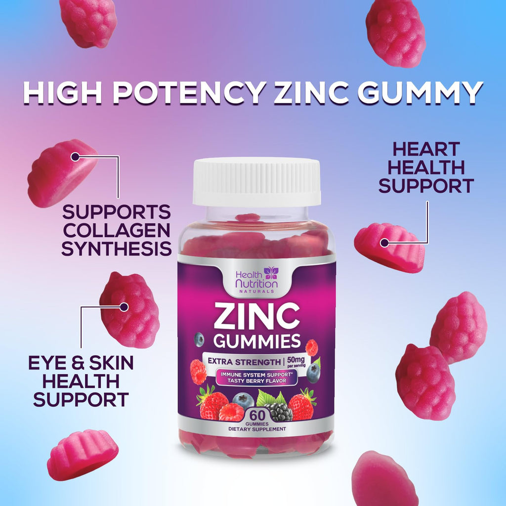 Zinc 50mg Gummies - Max Strength for Immune & Skin Health | Vegan, Non-GMO, Gluten Free | 60 Gummies