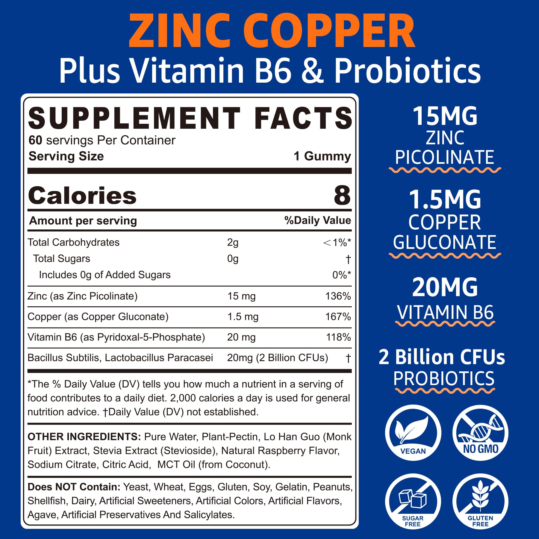 Zinc Gummies with Copper + Probiotics, Vitamin B6 for Max Absorption – Vegan, Non-GMO, 60 Cts