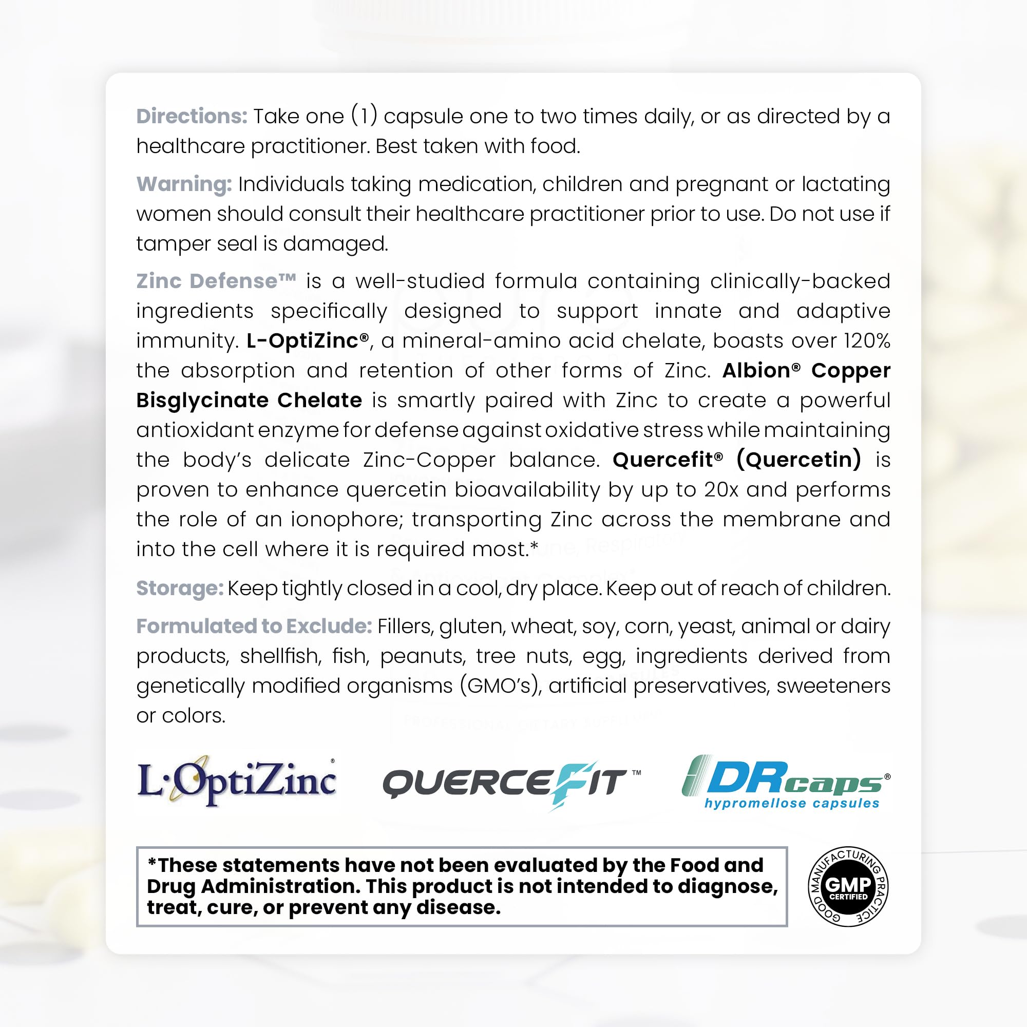 Zinc Defense: Zinc + Copper + Quercetin (60 Servings) - Vegan Capsules | L-OptiZinc & Quercefit