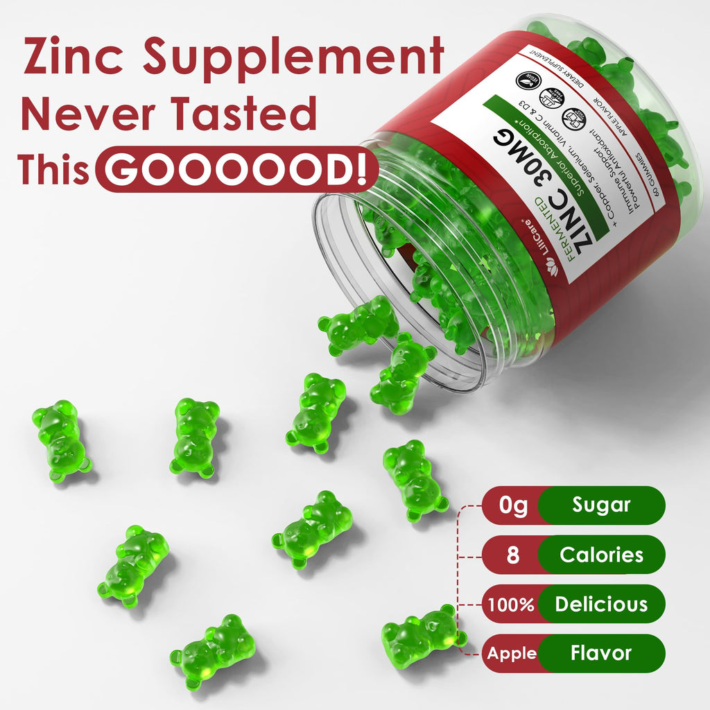 Zinc Gummies with Copper, Selenium, C & D3 + Elderberry - Fermented, Sugar-Free, 60 Ct