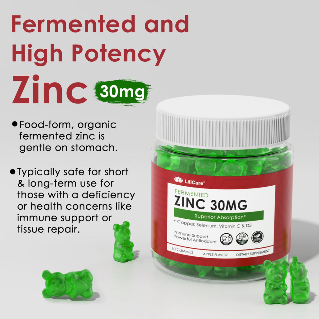 Zinc Gummies with Copper, Selenium, C & D3 + Elderberry - Fermented, Sugar-Free, 60 Ct