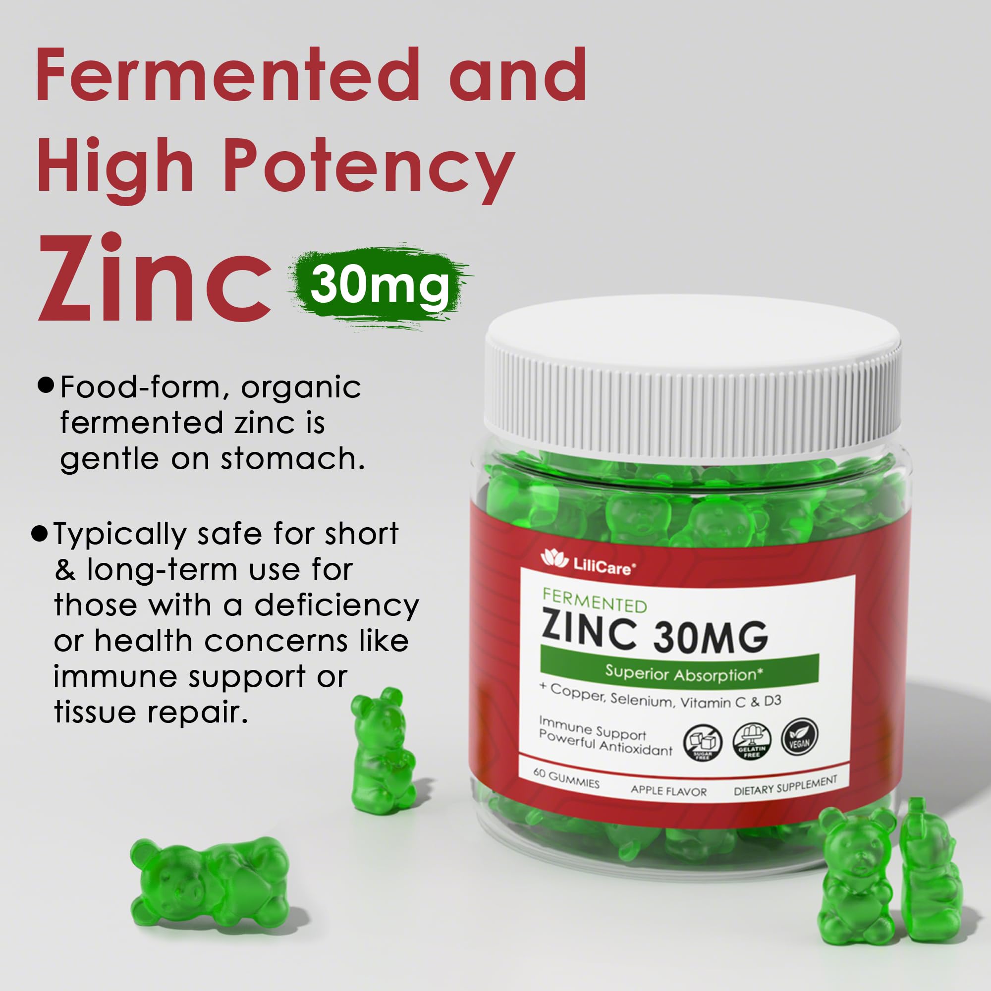 Zinc Gummies with Copper, Selenium, Vitamin C & D3 + Elderberry – Fermented Zinc (2 Pack) – Vegan, Sugar Free