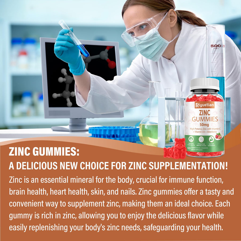 Zinc Gummies 50mg High Potency with Vitamin C, D3 & Elderberry – Immune Support (Vegan, Non-GMO, Gluten Free) – 60 Gummies