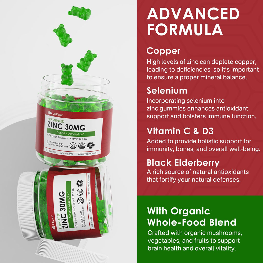 Zinc Gummies with Copper, Selenium, C & D3 + Elderberry - Fermented, Sugar-Free, 60 Ct