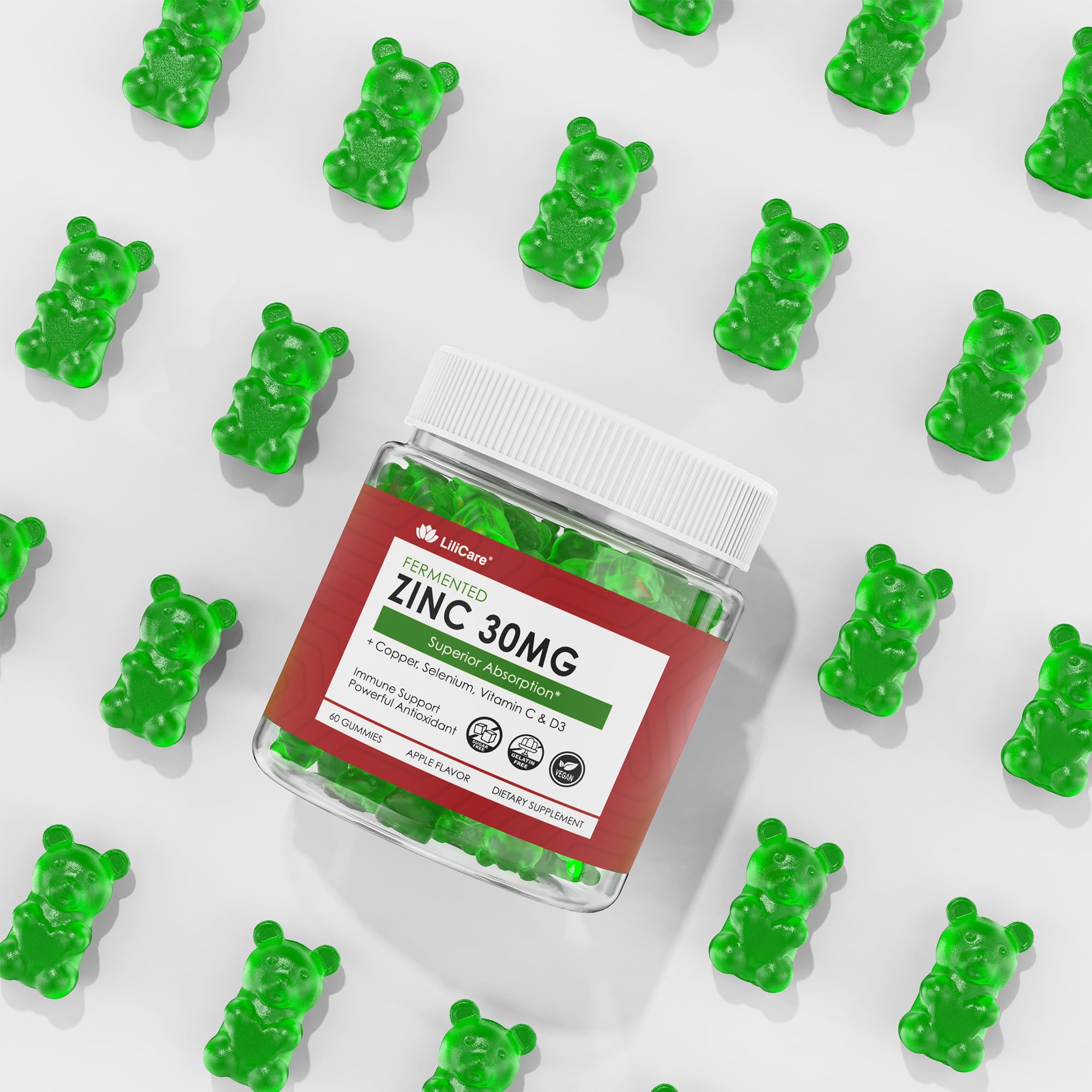 Zinc Gummies with Copper, Selenium, C & D3 + Elderberry - Fermented, Sugar-Free, 60 Ct